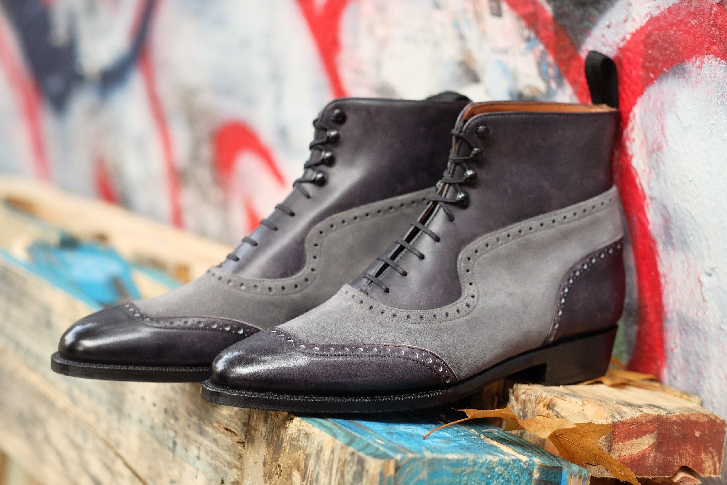 Pinehurst - MTO - Black Marble Patina / Light Grey Suede - TMG Last - Single Leather Sole-Made To Order Lace Laceup Balmoral Boot Brogue-J.FitzPatrick Footwear