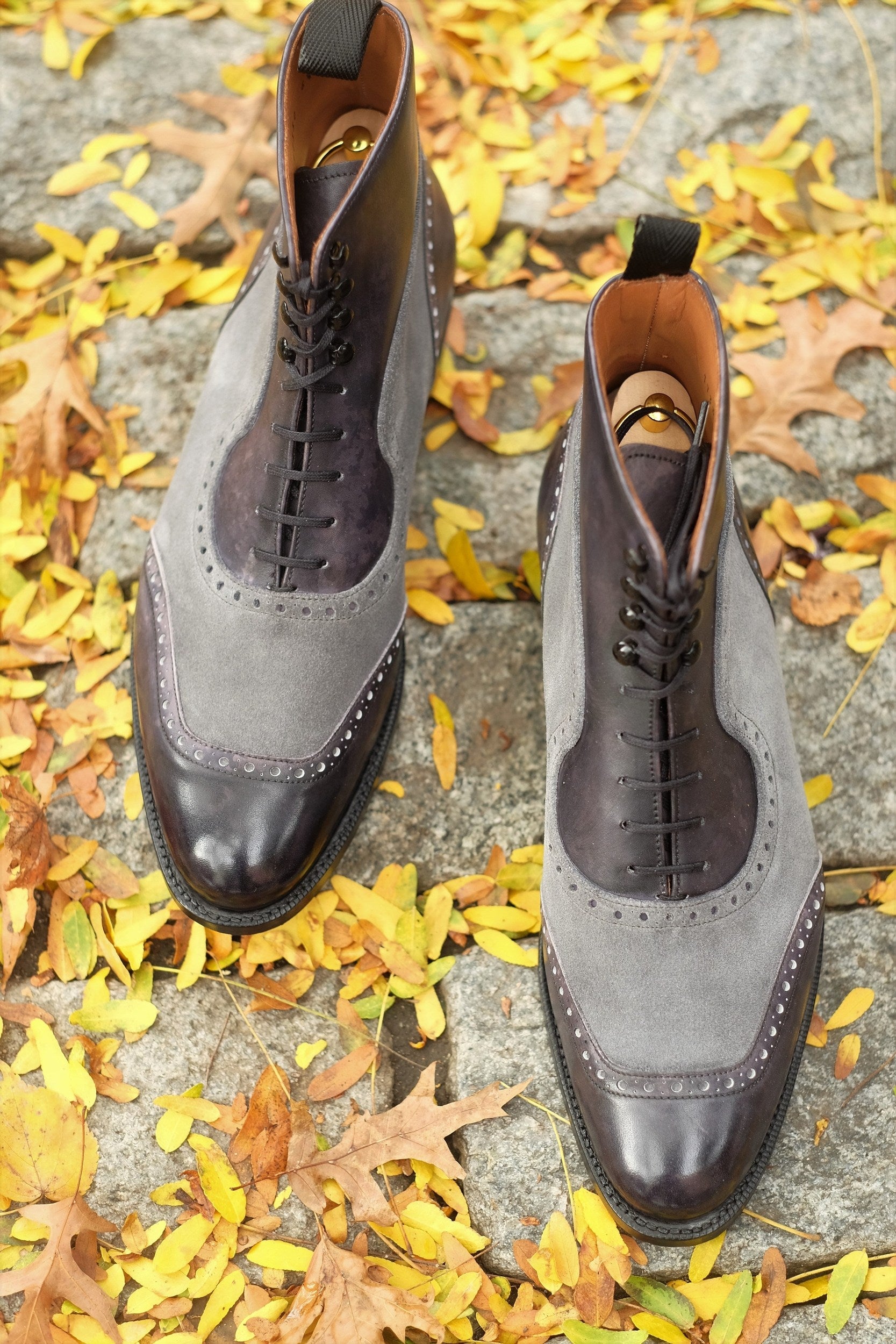 Pinehurst - MTO - Black Marble Patina / Light Grey Suede - TMG Last - Single Leather Sole-Made To Order Lace Laceup Balmoral Boot Brogue-J.FitzPatrick Footwear