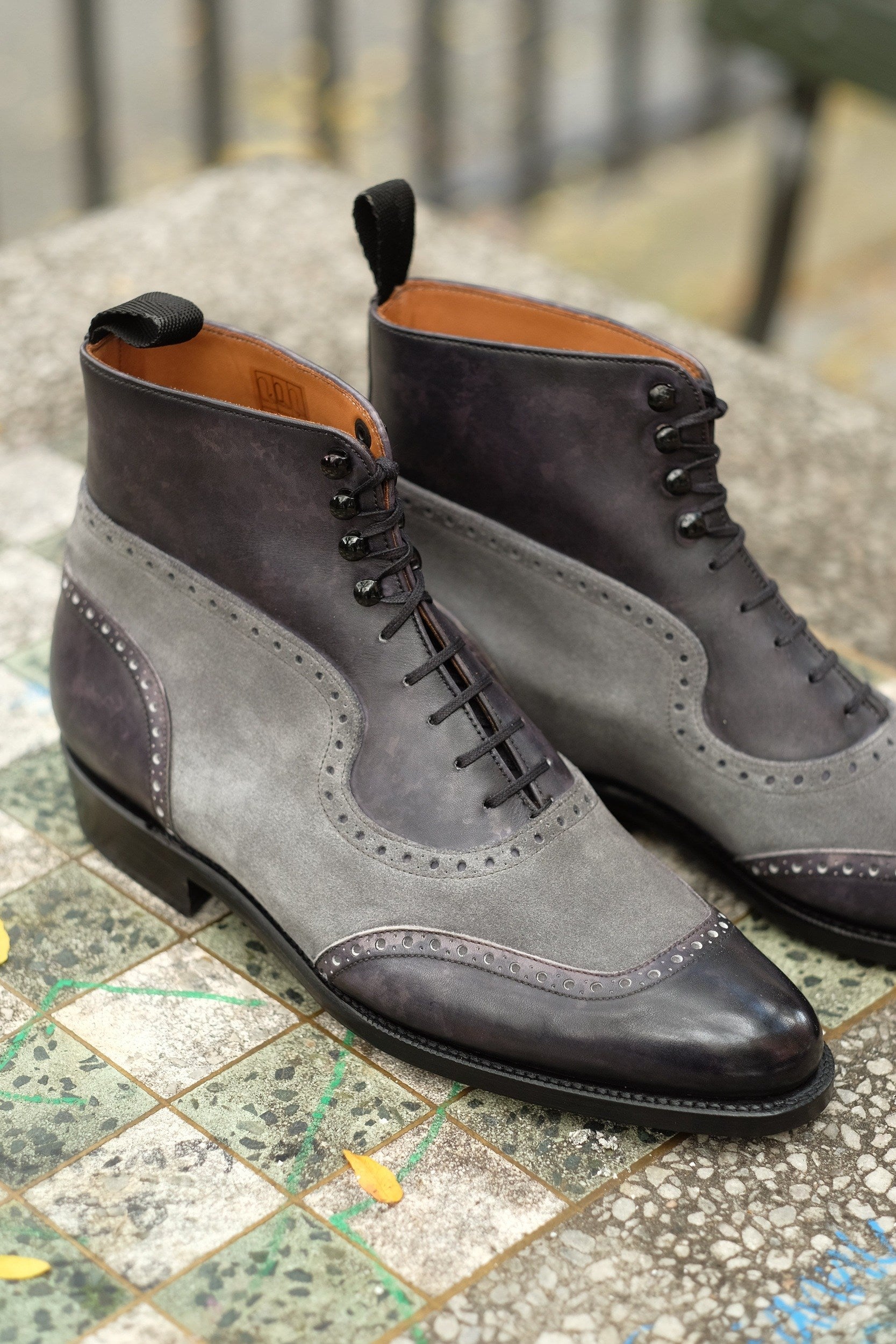 Pinehurst - MTO - Black Marble Patina / Light Grey Suede - TMG Last - Single Leather Sole-Made To Order Lace Laceup Balmoral Boot Brogue-J.FitzPatrick Footwear