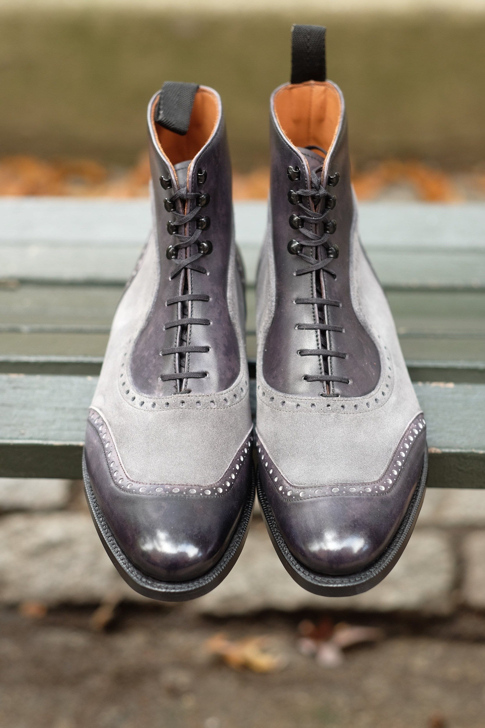 Pinehurst - MTO - Black Marble Patina / Light Grey Suede - TMG Last - Single Leather Sole-Made To Order Lace Laceup Balmoral Boot Brogue-J.FitzPatrick Footwear