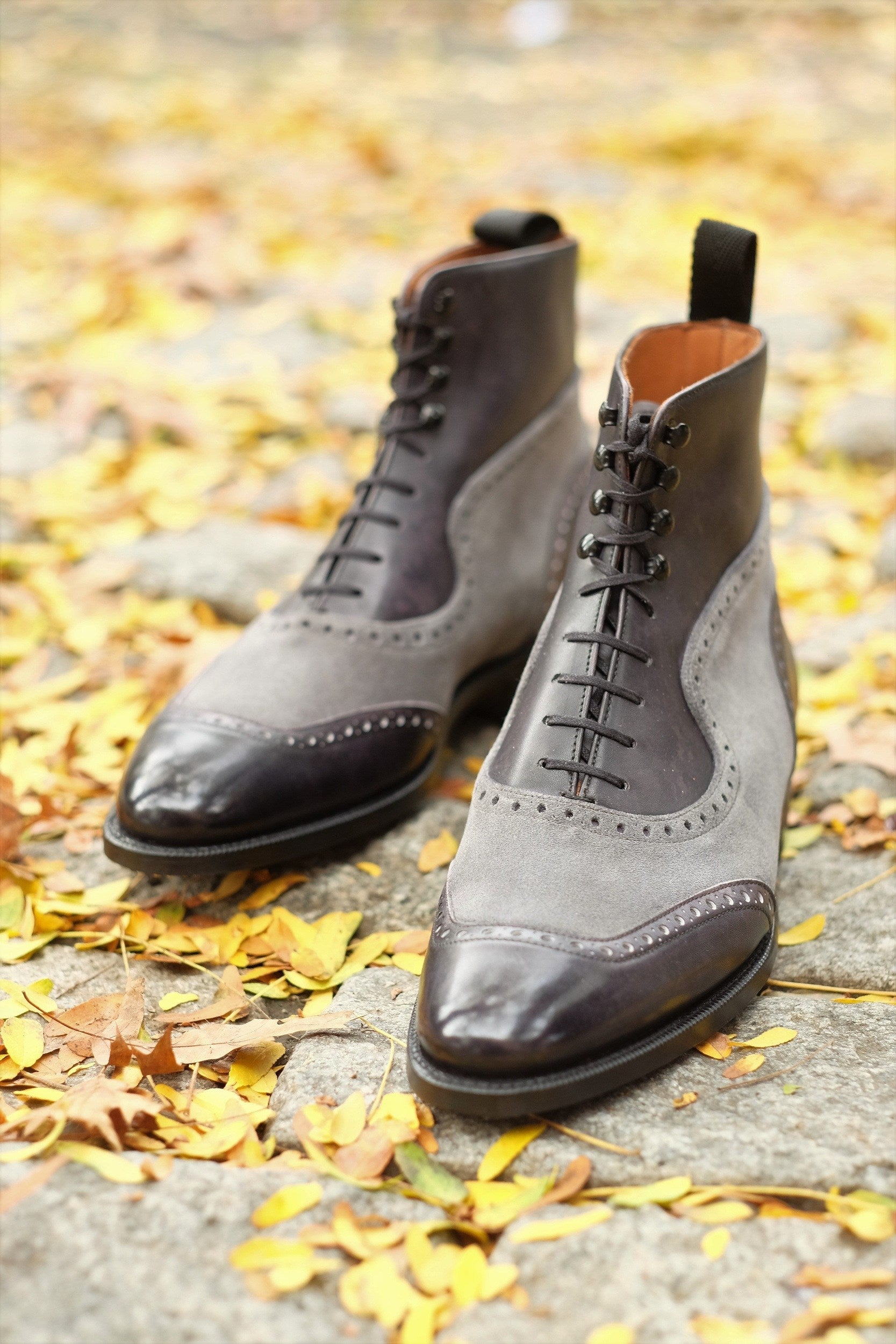 Pinehurst - MTO - Black Marble Patina / Light Grey Suede - TMG Last - Single Leather Sole-Made To Order Lace Laceup Balmoral Boot Brogue-J.FitzPatrick Footwear