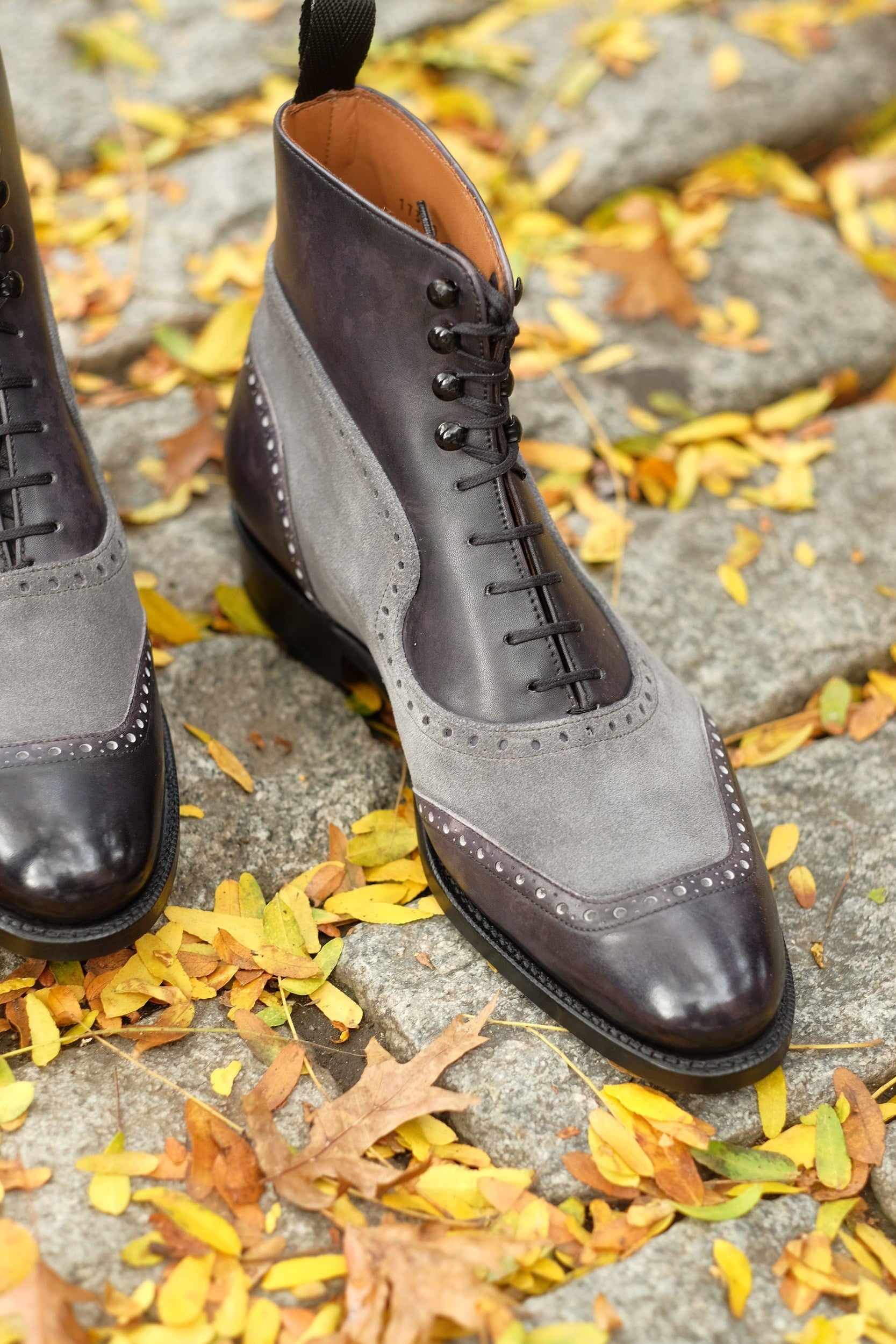 Pinehurst - MTO - Black Marble Patina / Light Grey Suede - TMG Last - Single Leather Sole-Made To Order Lace Laceup Balmoral Boot Brogue-J.FitzPatrick Footwear