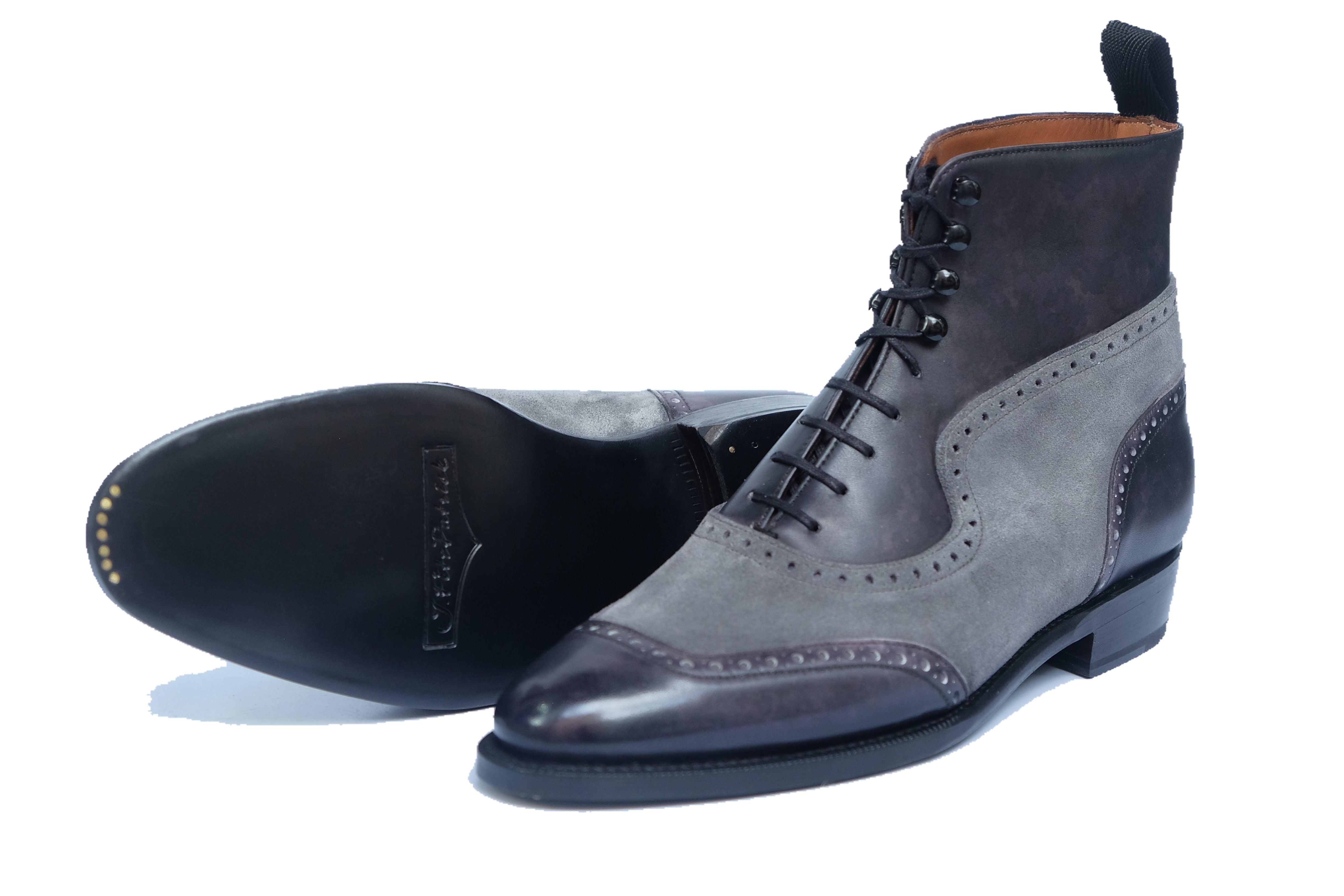 Pinehurst - MTO - Black Marble Patina / Light Grey Suede - TMG Last - Single Leather Sole-Made To Order Lace Laceup Balmoral Boot Brogue-J.FitzPatrick Footwear