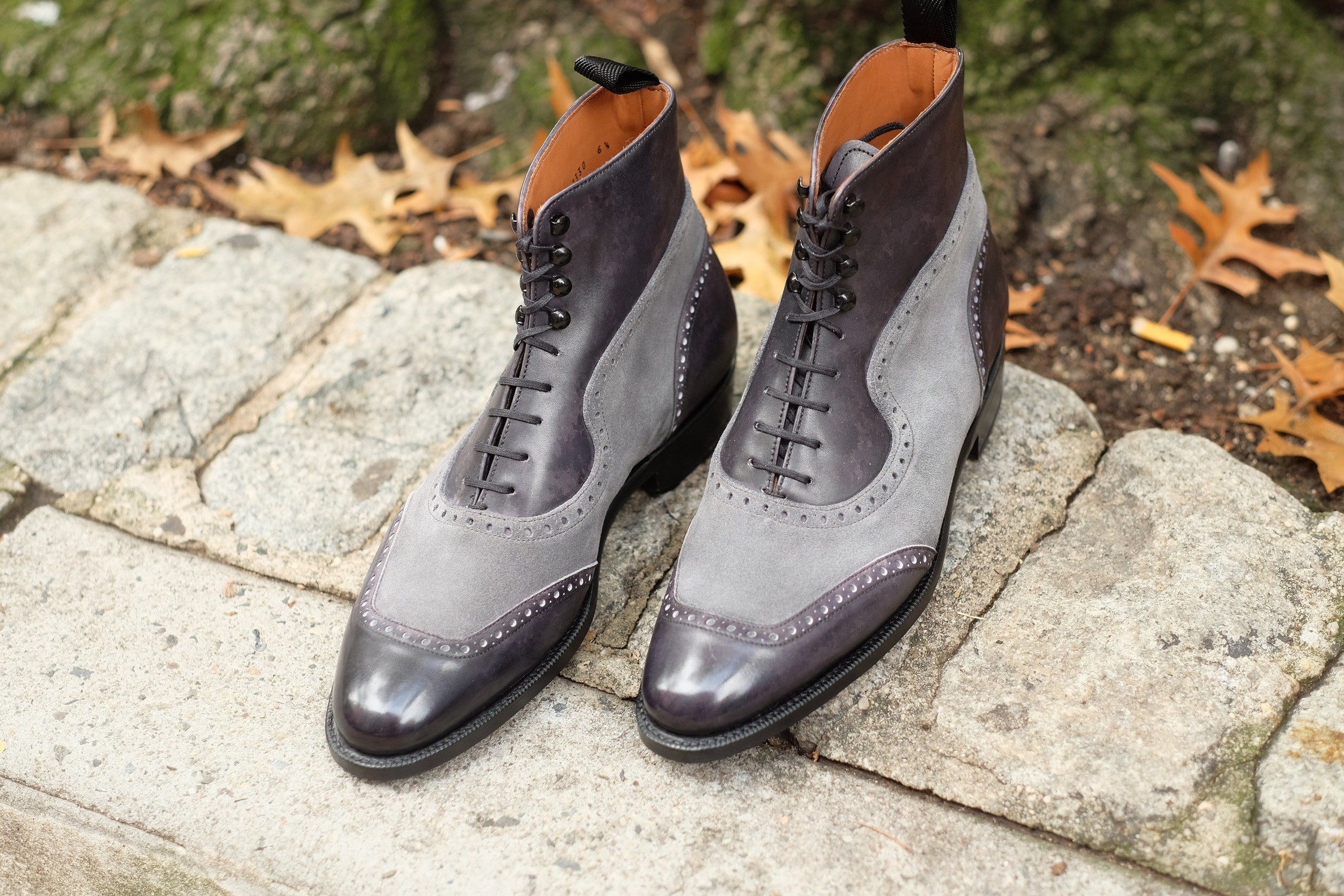 Pinehurst - MTO - Black Marble Patina / Light Grey Suede - TMG Last - Single Leather Sole-Made To Order Lace Laceup Balmoral Boot Brogue-J.FitzPatrick Footwear