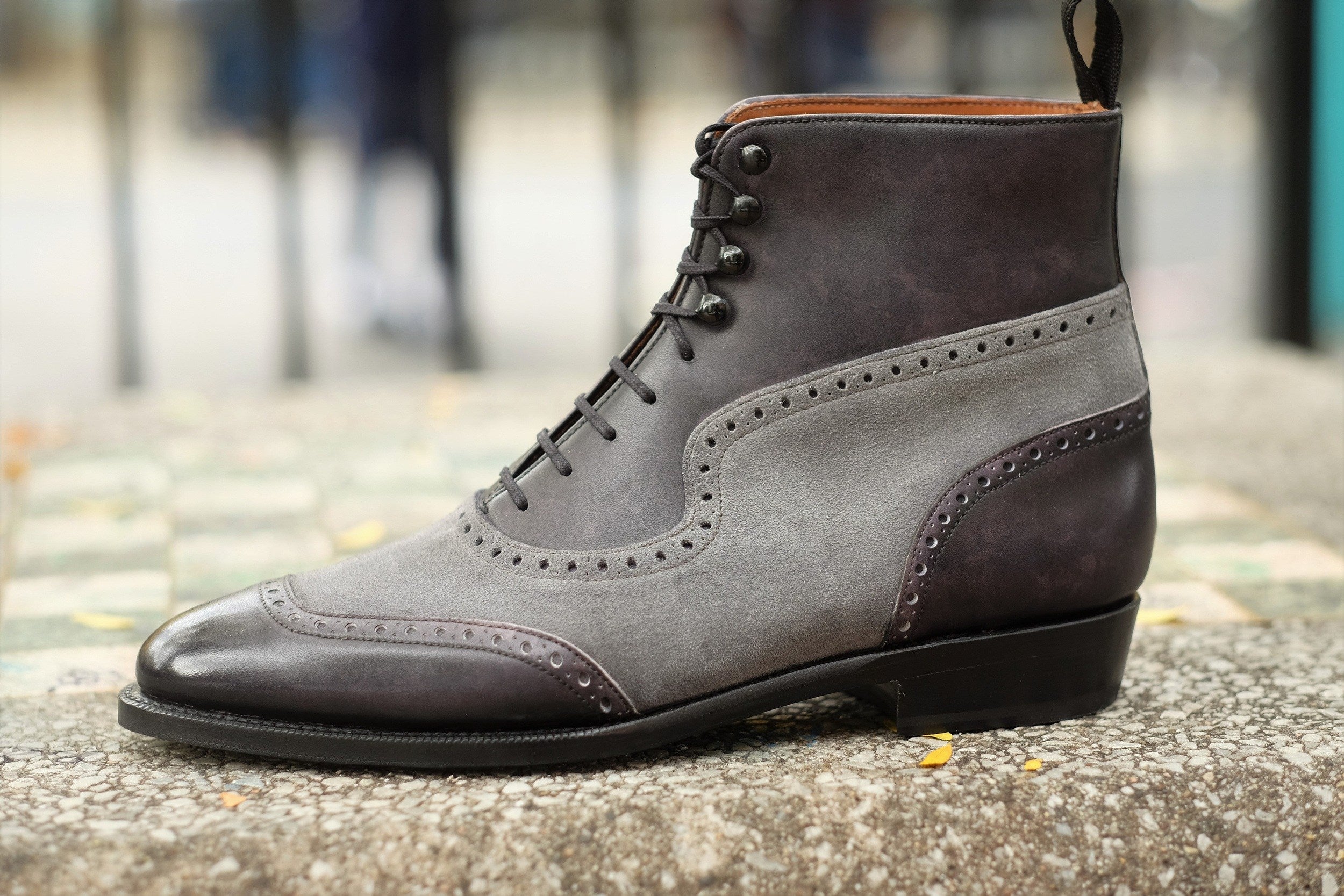 Pinehurst - MTO - Black Marble Patina / Light Grey Suede - TMG Last - Single Leather Sole-Made To Order Lace Laceup Balmoral Boot Brogue-J.FitzPatrick Footwear