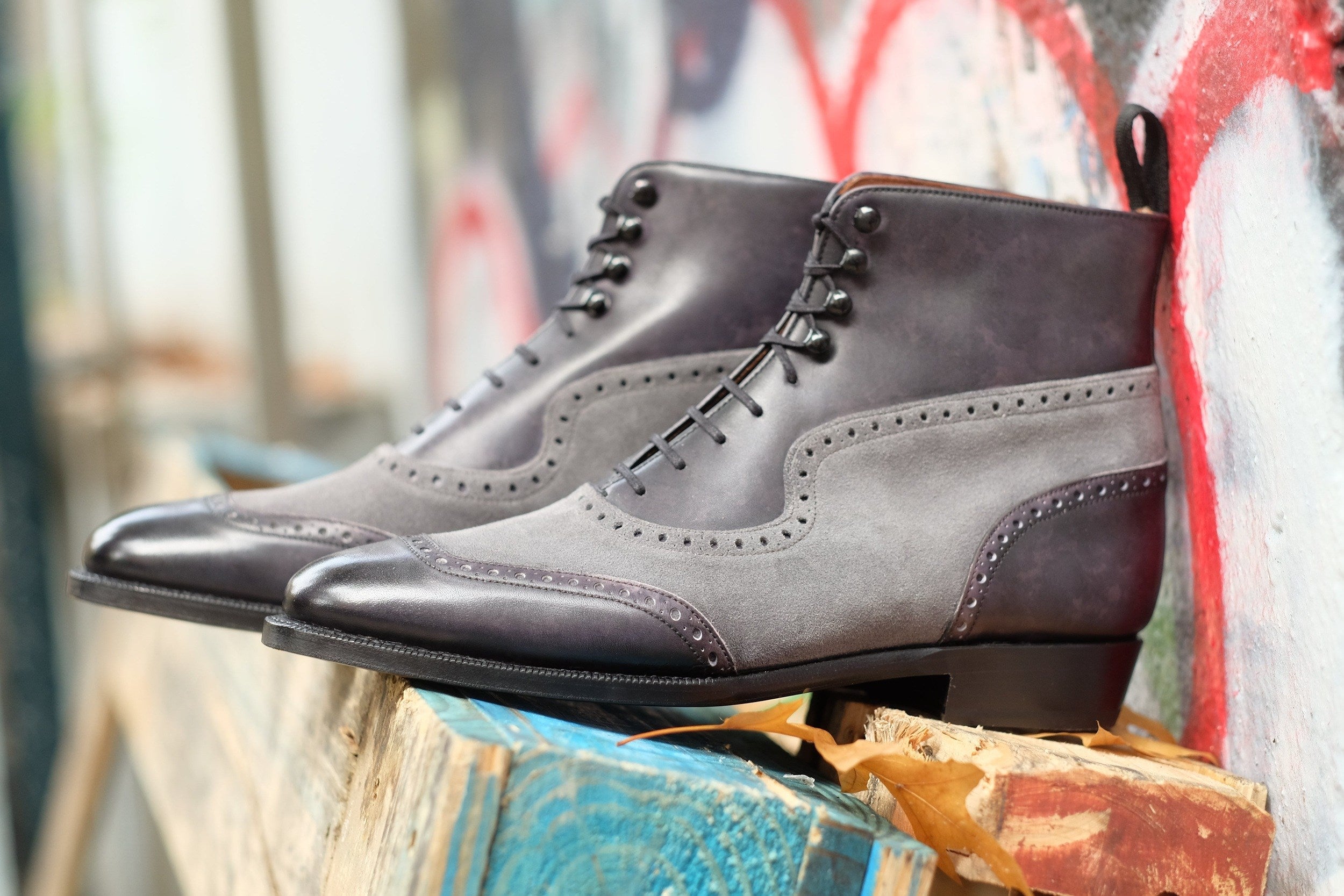 Pinehurst - MTO - Black Marble Patina / Light Grey Suede - TMG Last - Single Leather Sole-Made To Order Lace Laceup Balmoral Boot Brogue-J.FitzPatrick Footwear