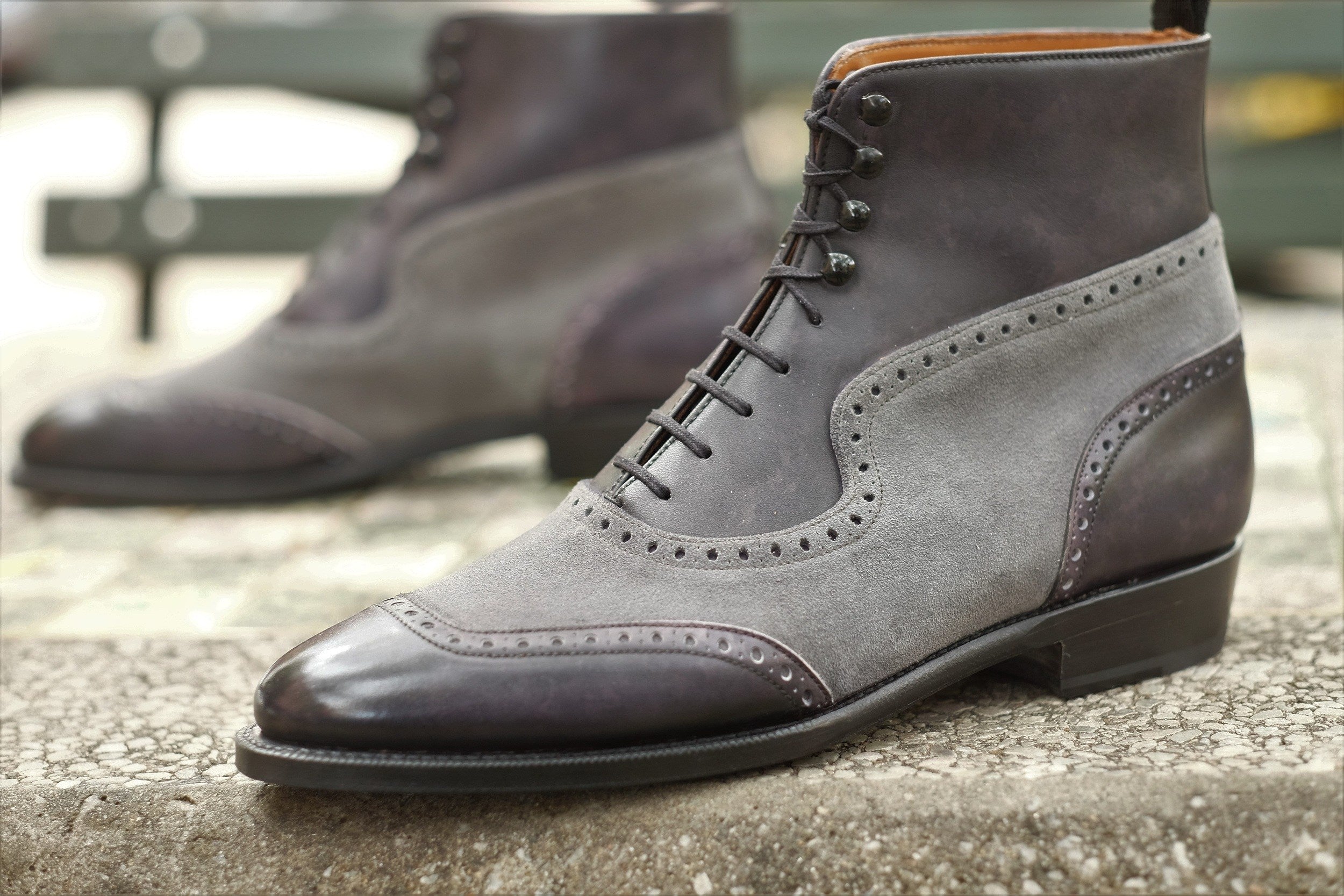 Pinehurst - MTO - Black Marble Patina / Light Grey Suede - TMG Last - Single Leather Sole-Made To Order Lace Laceup Balmoral Boot Brogue-J.FitzPatrick Footwear