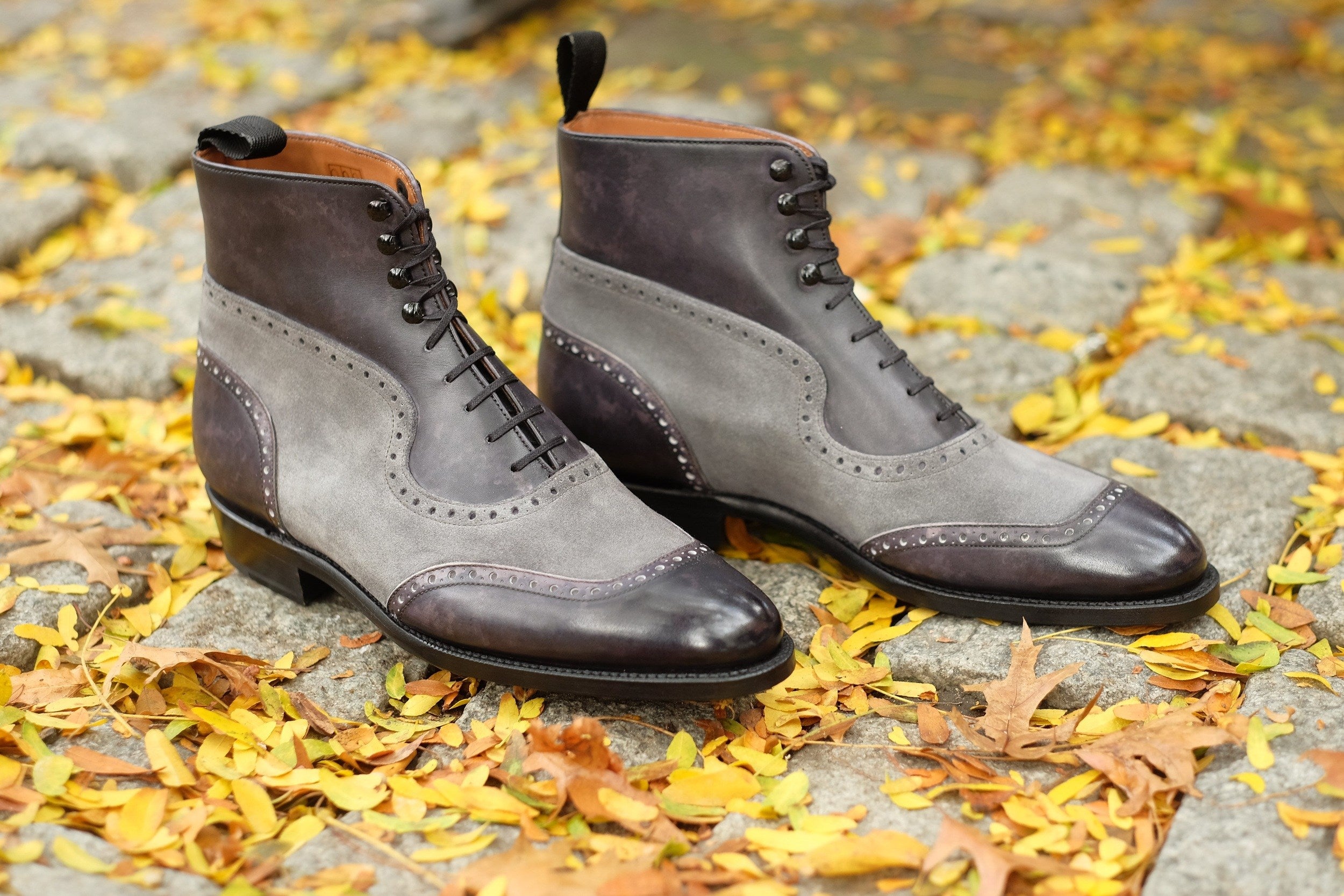 Pinehurst - MTO - Black Marble Patina / Light Grey Suede - TMG Last - Single Leather Sole-Made To Order Lace Laceup Balmoral Boot Brogue-J.FitzPatrick Footwear