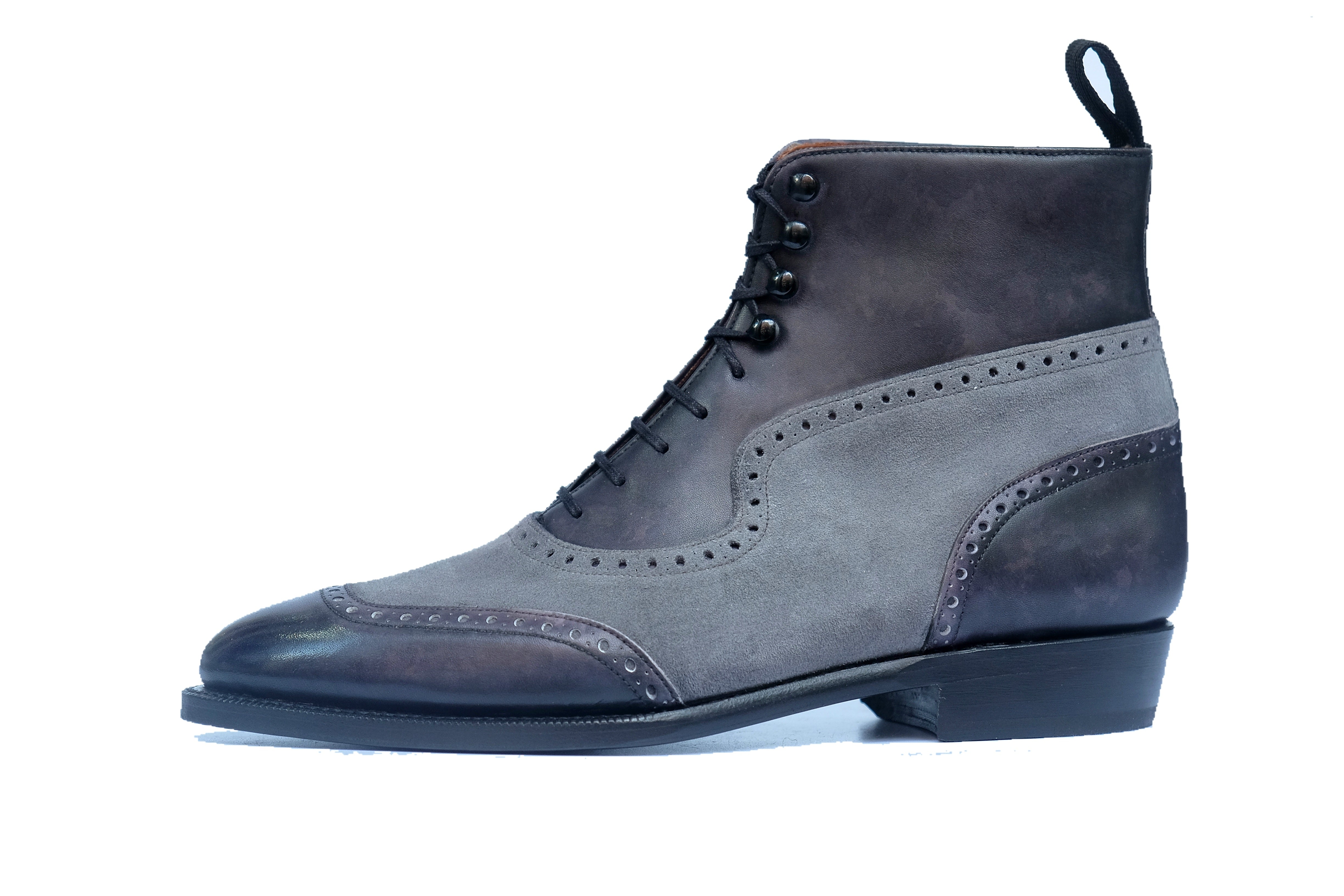 Pinehurst - MTO - Black Marble Patina / Light Grey Suede - TMG Last - Single Leather Sole-Made To Order Lace Laceup Balmoral Boot Brogue-J.FitzPatrick Footwear