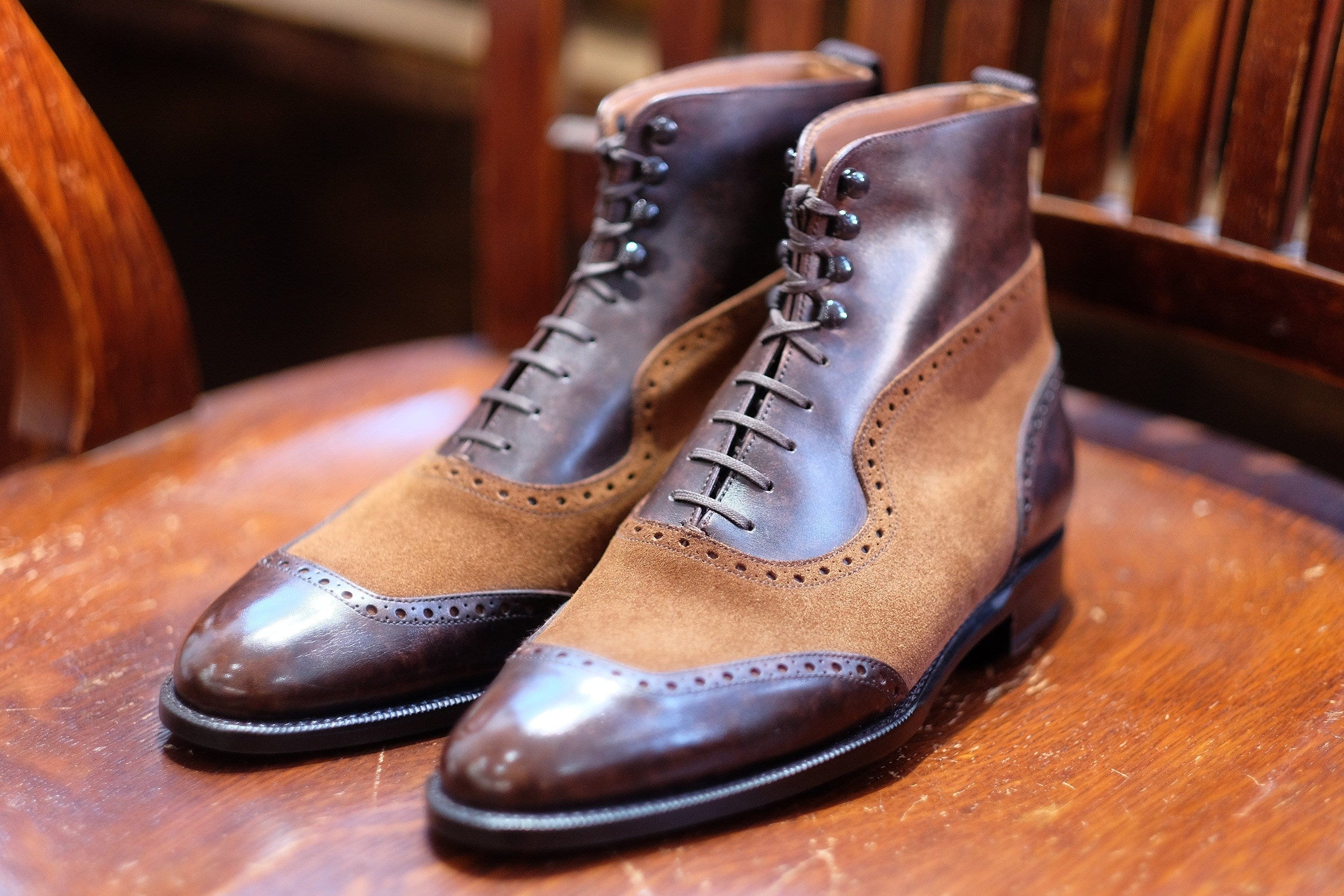 Pinehurst - MTO - Dark Brown Marble Patina / Snuff Suede - TMG Last - Single Leather Sole-Made To Order Lace Laceup Balmoral Boot Brogue-J.FitzPatrick Footwear