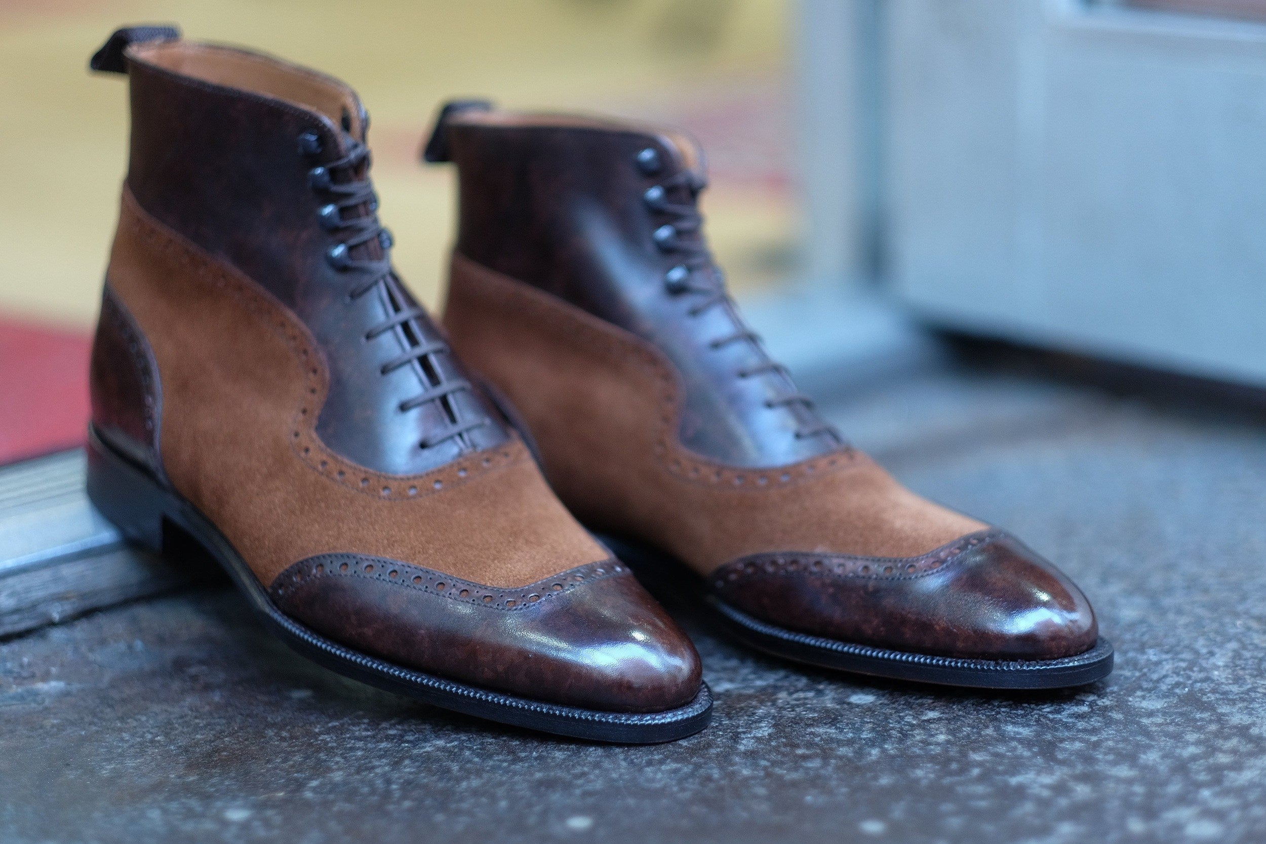 Pinehurst - MTO - Dark Brown Marble Patina / Snuff Suede - TMG Last - Single Leather Sole-Made To Order Lace Laceup Balmoral Boot Brogue-J.FitzPatrick Footwear