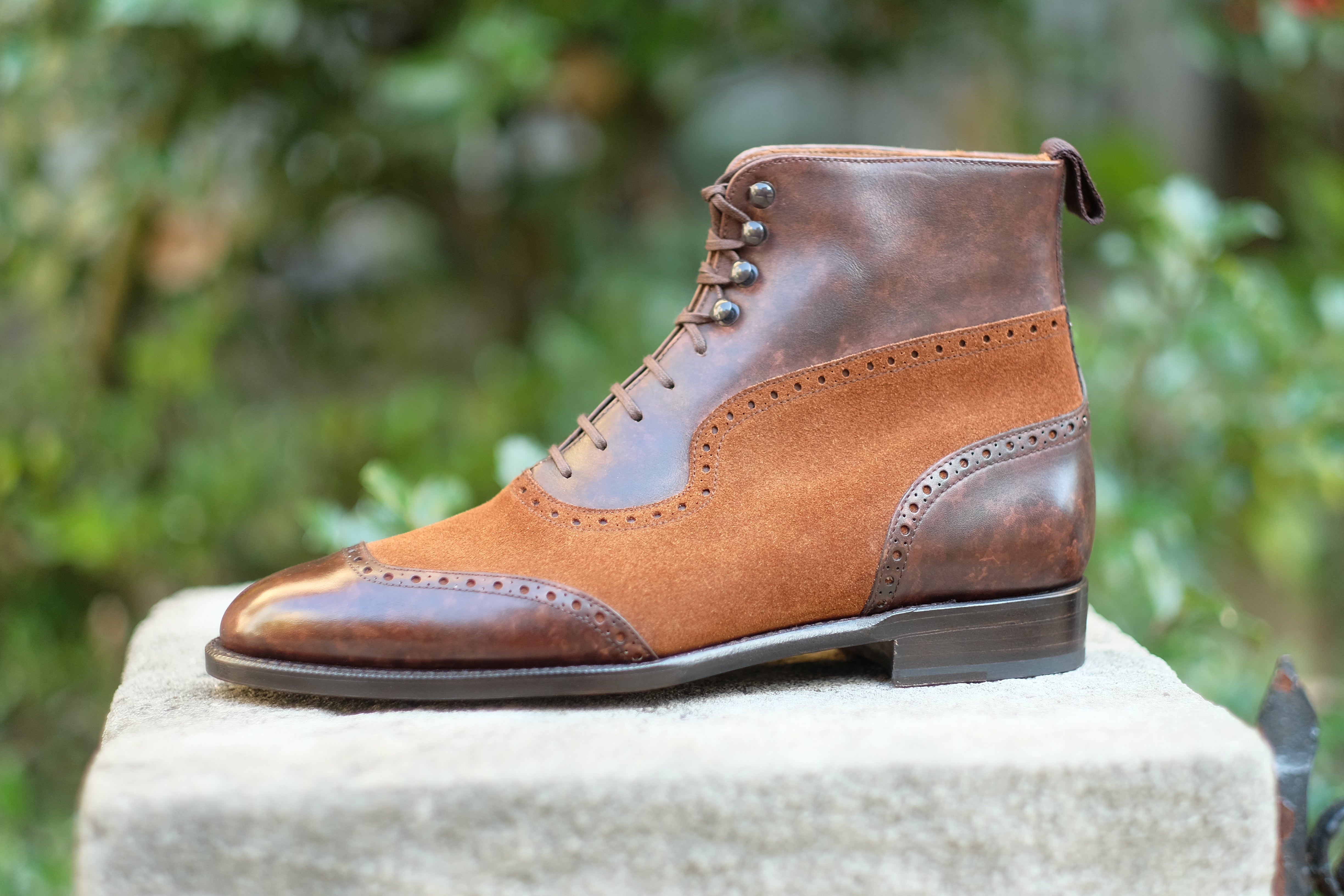 Pinehurst - MTO - Dark Brown Marble Patina / Snuff Suede - TMG Last - Single Leather Sole-Made To Order Lace Laceup Balmoral Boot Brogue-J.FitzPatrick Footwear