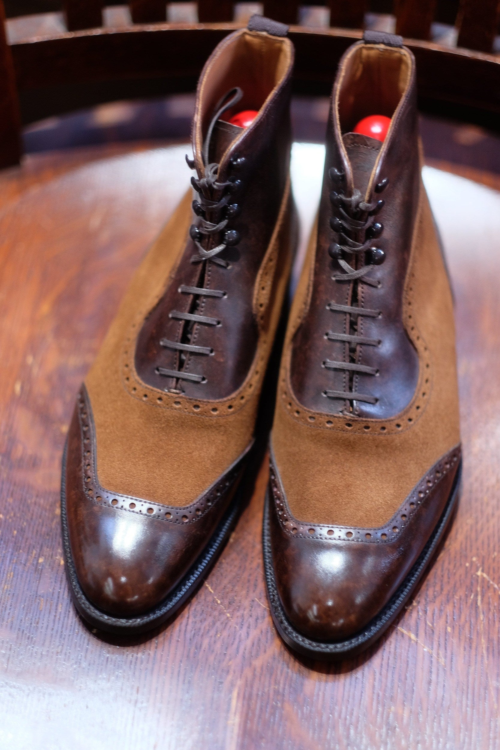 Pinehurst - MTO - Dark Brown Marble Patina / Snuff Suede - TMG Last - Single Leather Sole-Made To Order Lace Laceup Balmoral Boot Brogue-J.FitzPatrick Footwear