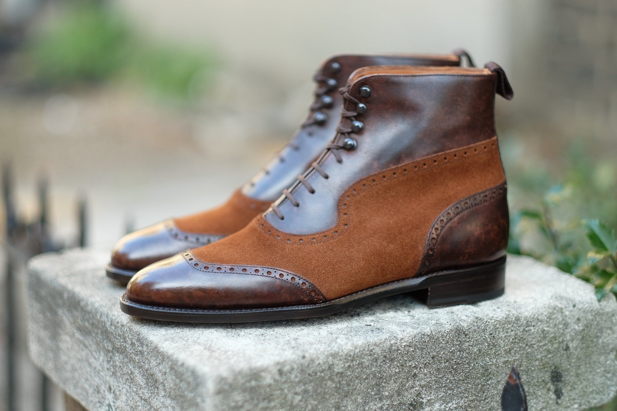 Pinehurst - MTO - Dark Brown Marble Patina / Snuff Suede - TMG Last - Single Leather Sole-Made To Order Lace Laceup Balmoral Boot Brogue-J.FitzPatrick Footwear