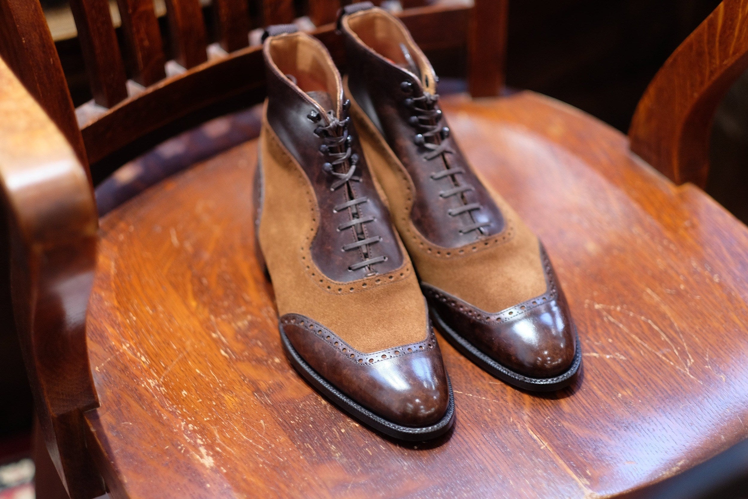 Pinehurst - MTO - Dark Brown Marble Patina / Snuff Suede - TMG Last - Single Leather Sole-Made To Order Lace Laceup Balmoral Boot Brogue-J.FitzPatrick Footwear