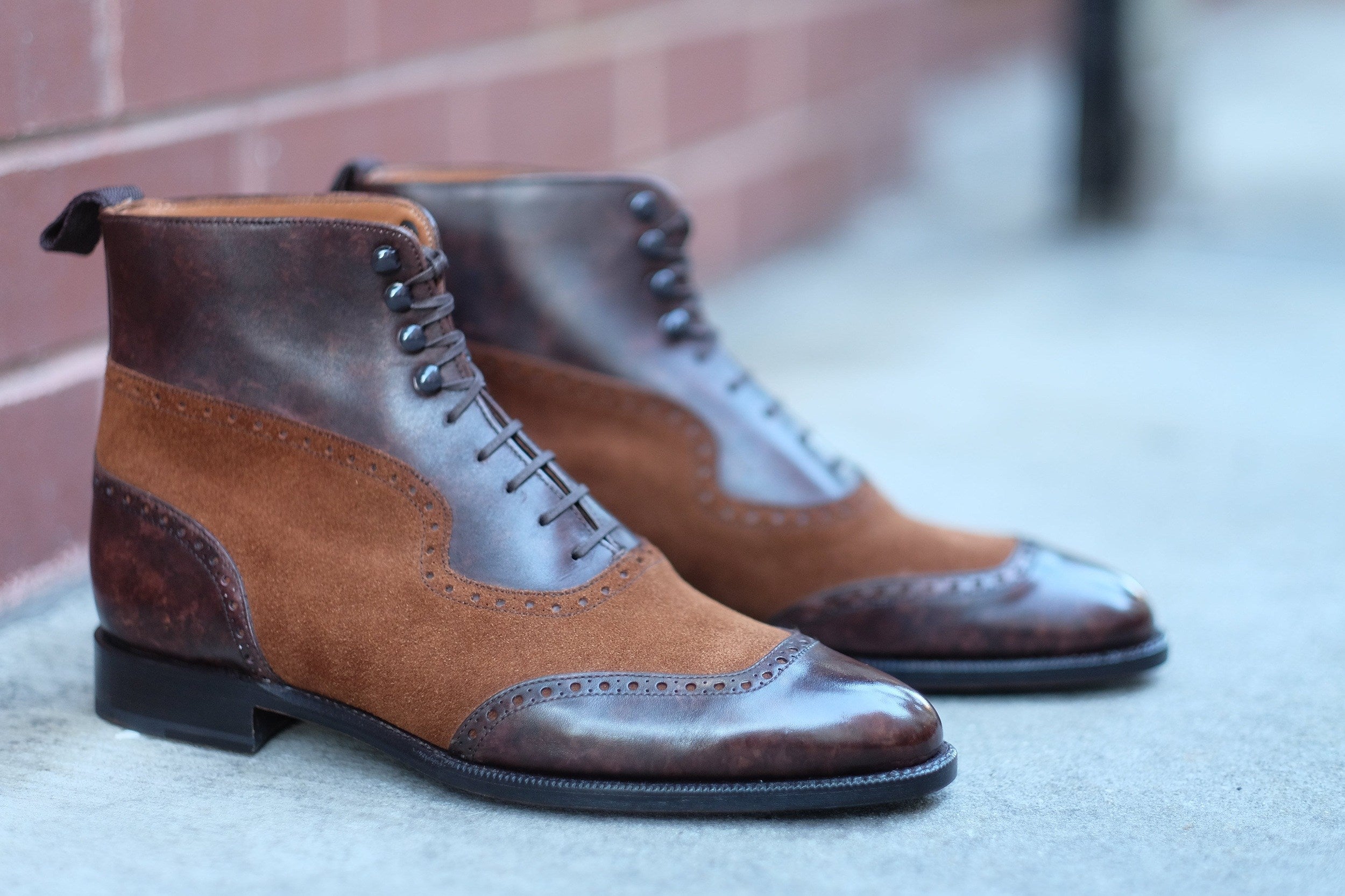 Pinehurst - MTO - Dark Brown Marble Patina / Snuff Suede - TMG Last - Single Leather Sole-Made To Order Lace Laceup Balmoral Boot Brogue-J.FitzPatrick Footwear