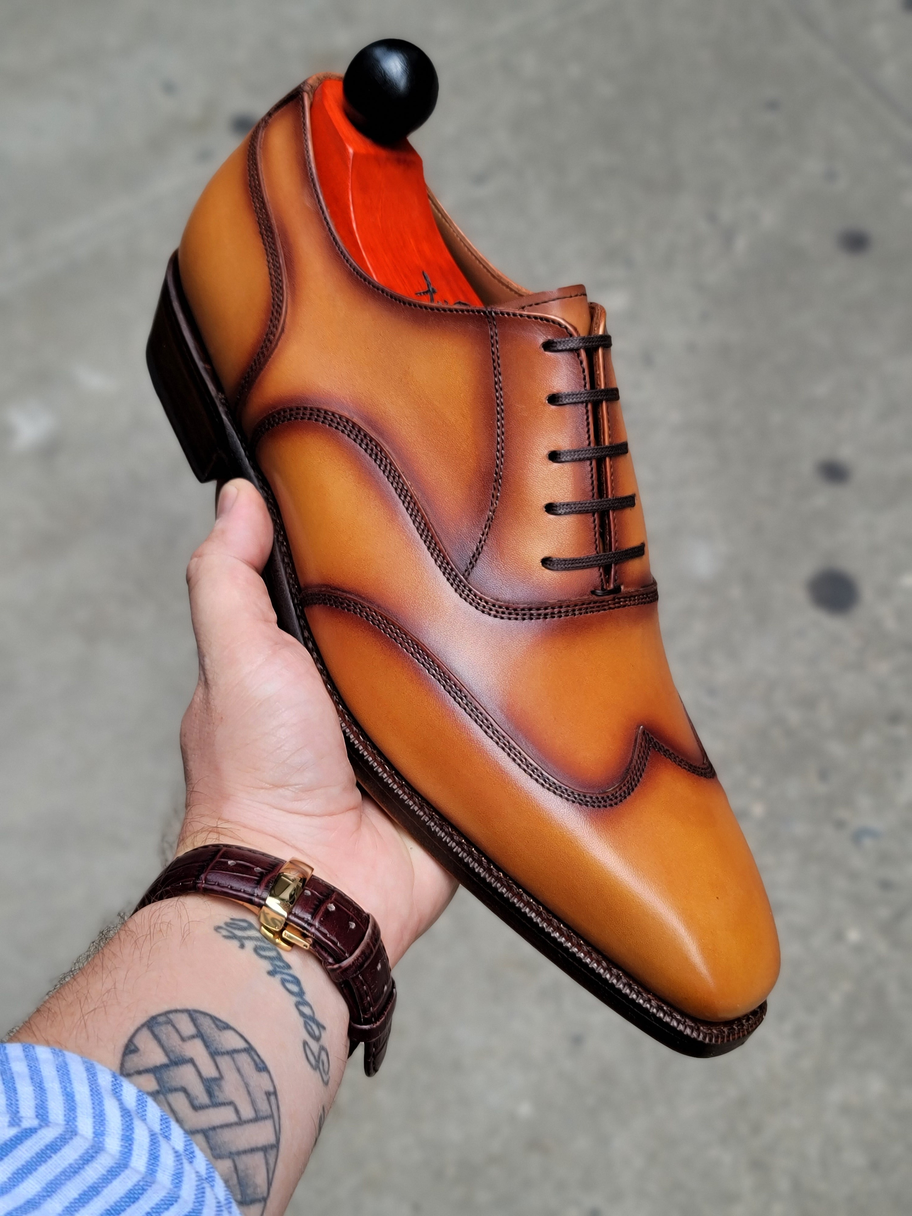 Pullman - MTO - Burnished Golden Tan Calf - LPB Last - Single Leather Sole-Made To Order Austerity Brogue Oxfords-J.FitzPatrick Footwear