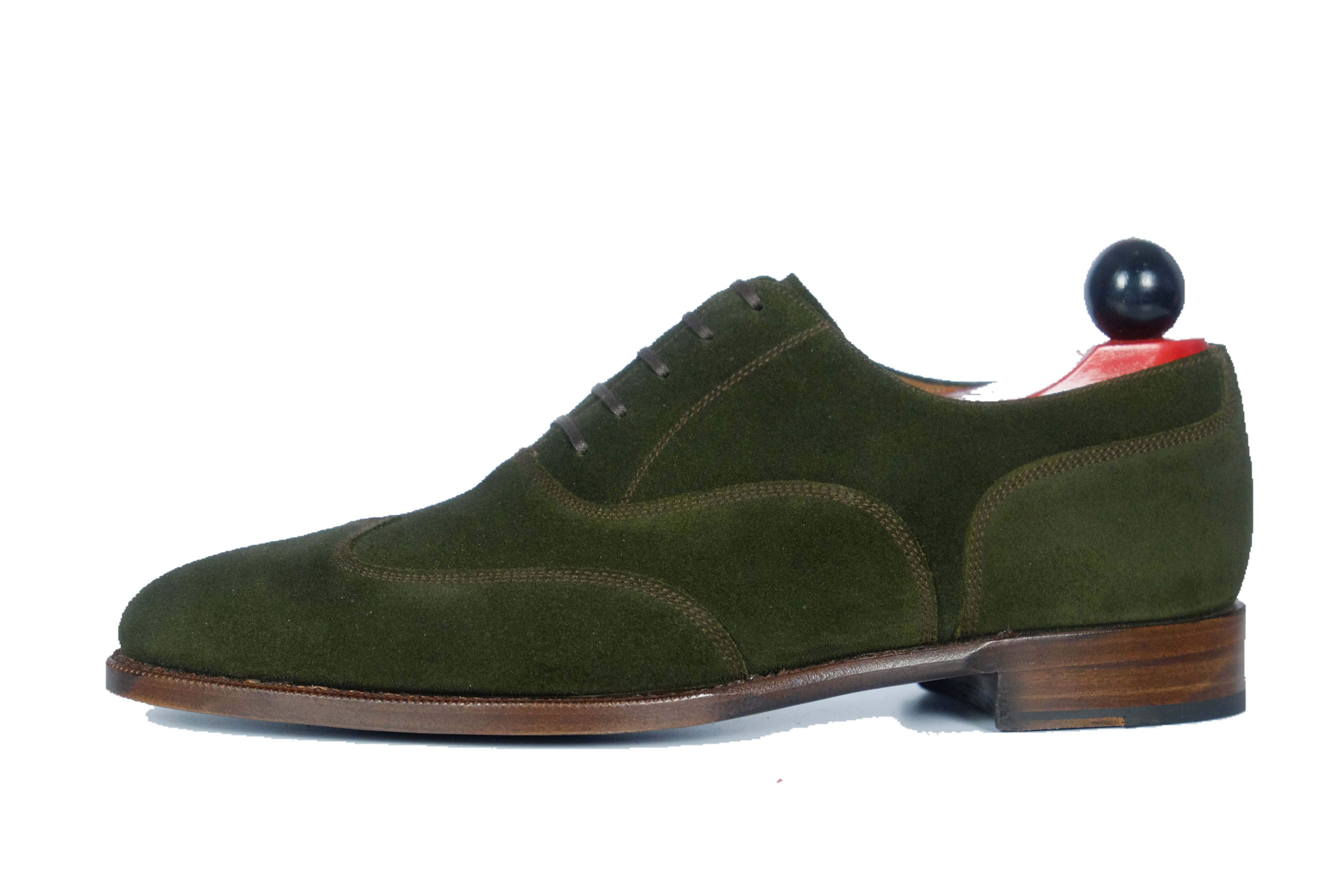 Pullman - MTO - Dark Olive Suede / Brown Stitching - TMG Last - Single Leather Sole-Made To Order Austerity Brogue Oxfords-J.FitzPatrick Footwear