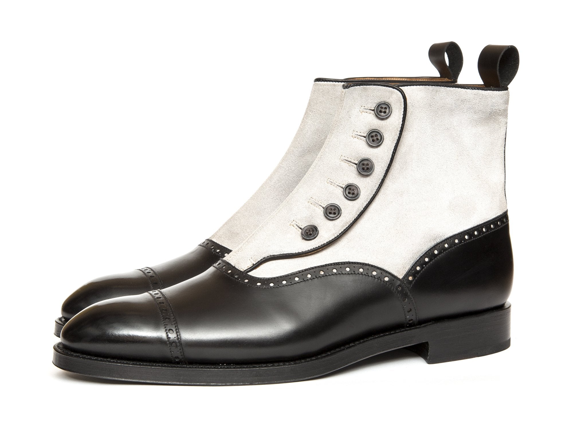 Puyallup - MTO - Black Calf / Pearl Grey Suede - NGT Last - Double Leather Sole - Grey Buttons-Made To Order Button Boot Cap Toe Brogue-J.FitzPatrick Footwear