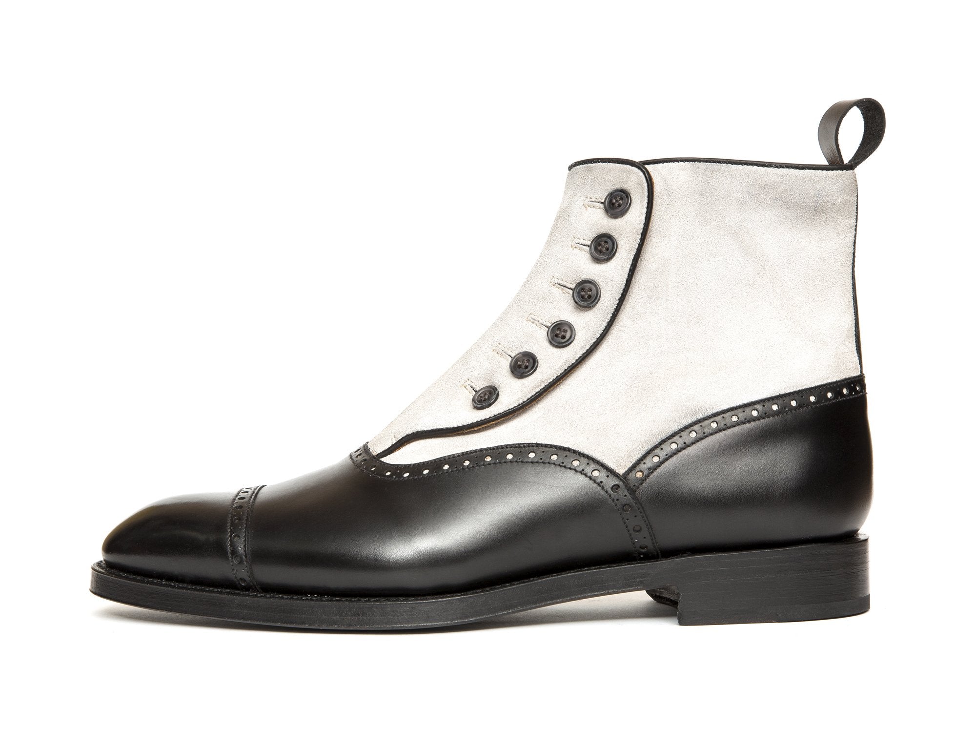 Puyallup - MTO - Black Calf / Pearl Grey Suede - NGT Last - Double Leather Sole - Grey Buttons-Made To Order Button Boot Cap Toe Brogue-J.FitzPatrick Footwear