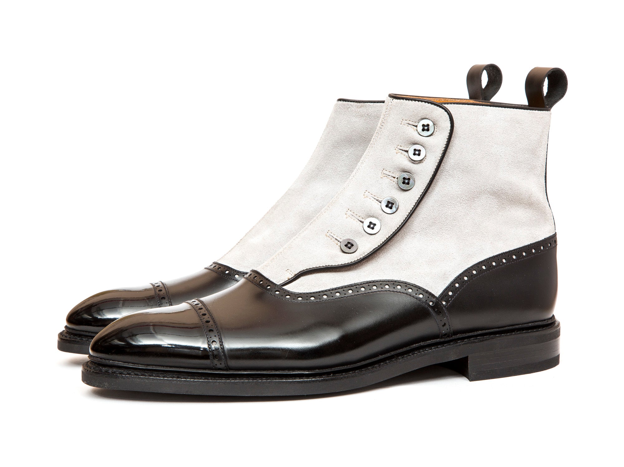 Puyallup - MTO - Black Calf / Pearl Suede - NGT Last - Country Rubber Sole w/ Stormwelt - MOP Buttons-Made To Order Button Boot Cap Toe Brogue-J.FitzPatrick Footwear