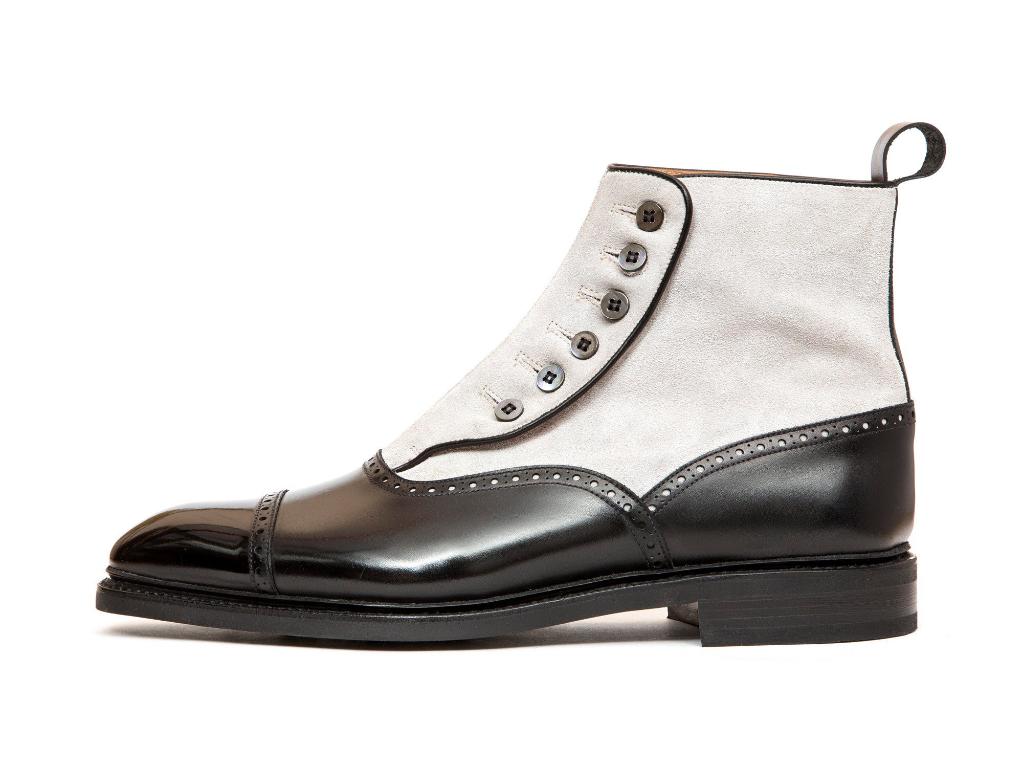 Puyallup - MTO - Black Calf / Pearl Suede - NGT Last - Country Rubber Sole w/ Stormwelt - MOP Buttons-Made To Order Button Boot Cap Toe Brogue-J.FitzPatrick Footwear