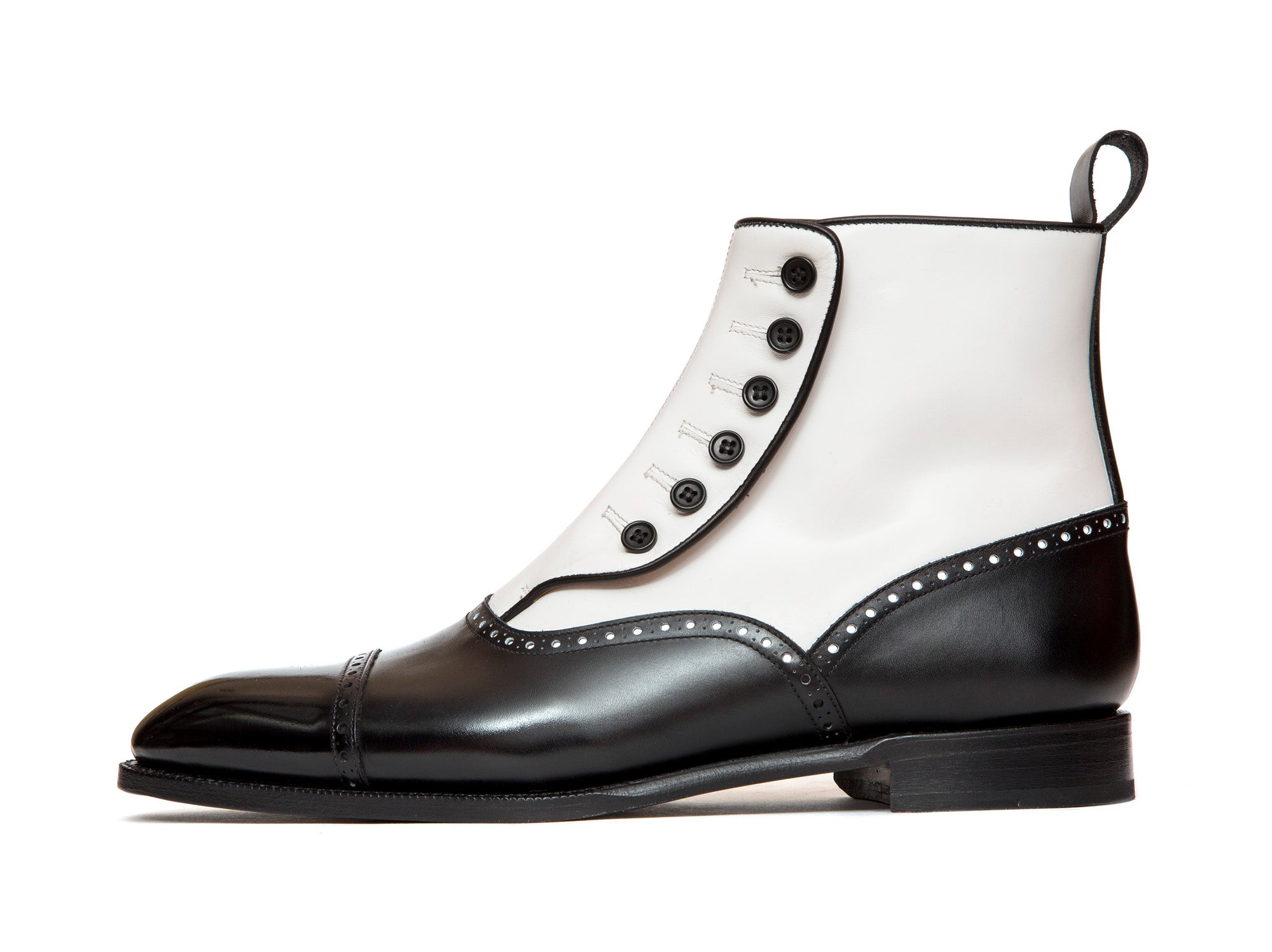 Puyallup - MTO - Black Calf / White Calf - NGT Last - Single Leather Sole-Made To Order Button Boot Cap Toe Brogue-J.FitzPatrick Footwear