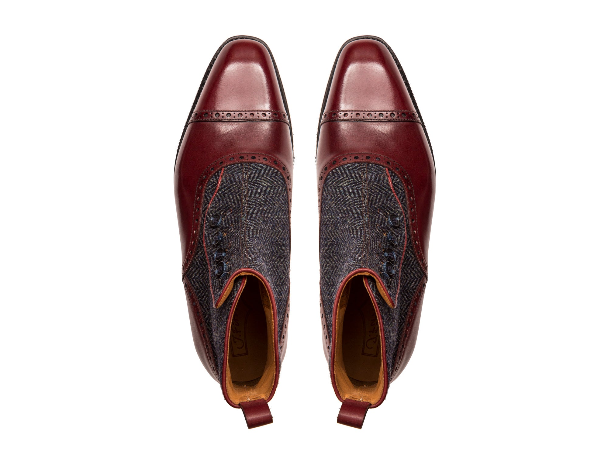 Puyallup - MTO - Burgundy Calf / Blue Tweed - LPB Last - City Rubber Sole-Made To Order Button Boot Cap Toe Brogue-J.FitzPatrick Footwear