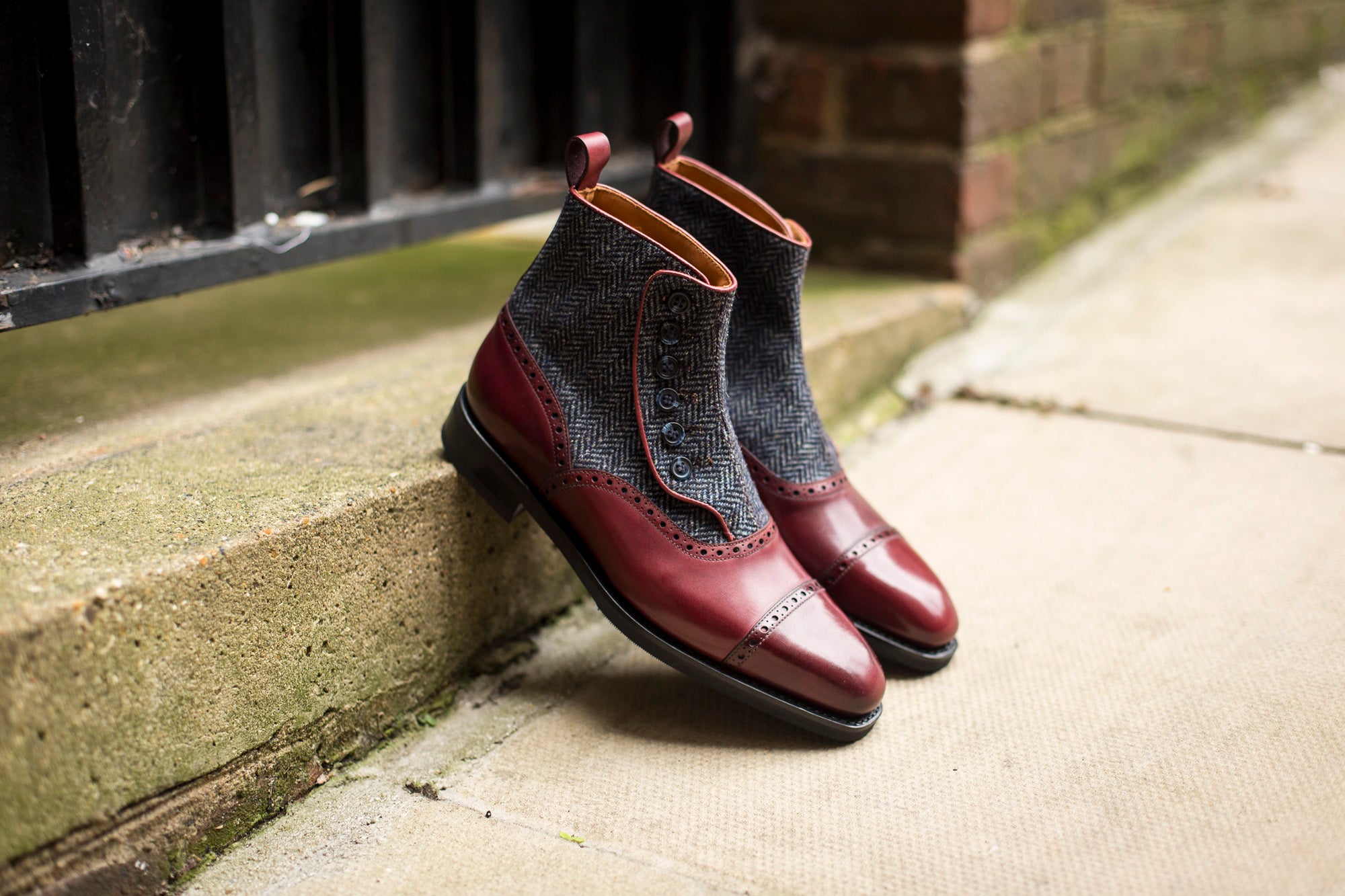 Puyallup - MTO - Burgundy Calf / Blue Tweed - LPB Last - City Rubber Sole-Made To Order Button Boot Cap Toe Brogue-J.FitzPatrick Footwear