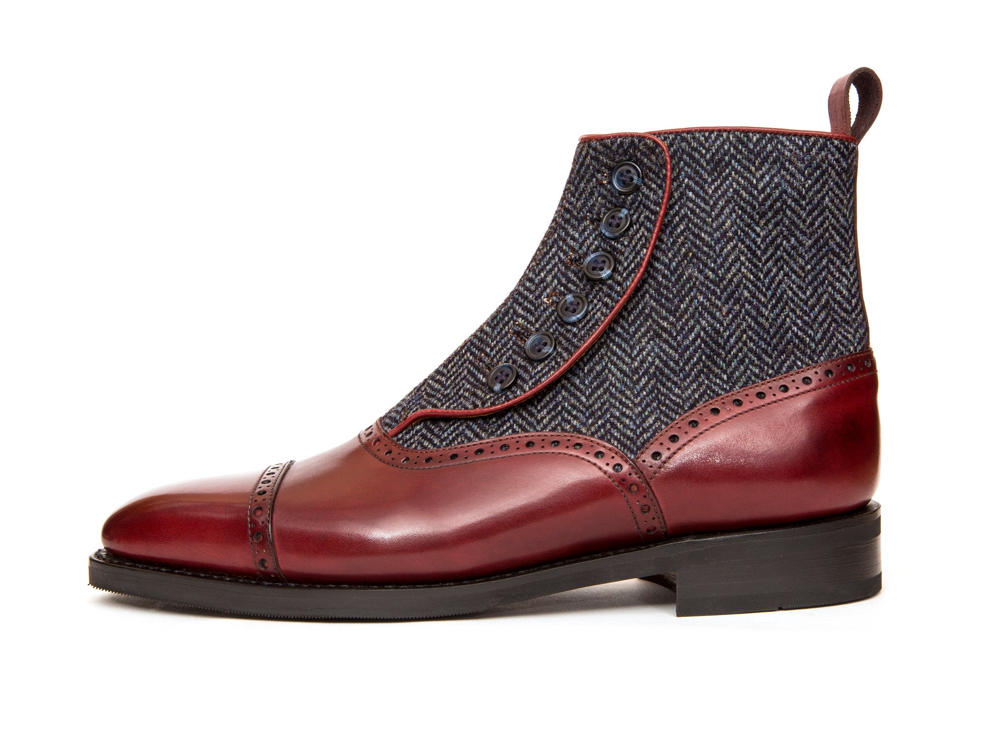 Puyallup - MTO - Burgundy Calf / Blue Tweed - LPB Last - City Rubber Sole-Made To Order Button Boot Cap Toe Brogue-J.FitzPatrick Footwear