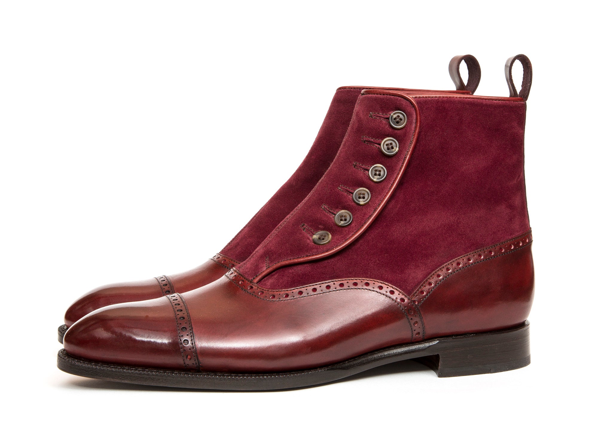 Puyallup - MTO - Burgundy Calf / Burgundy Suede - NGT Last - Single Leather Sole-Made To Order Button Boot Cap Toe Brogue-J.FitzPatrick Footwear