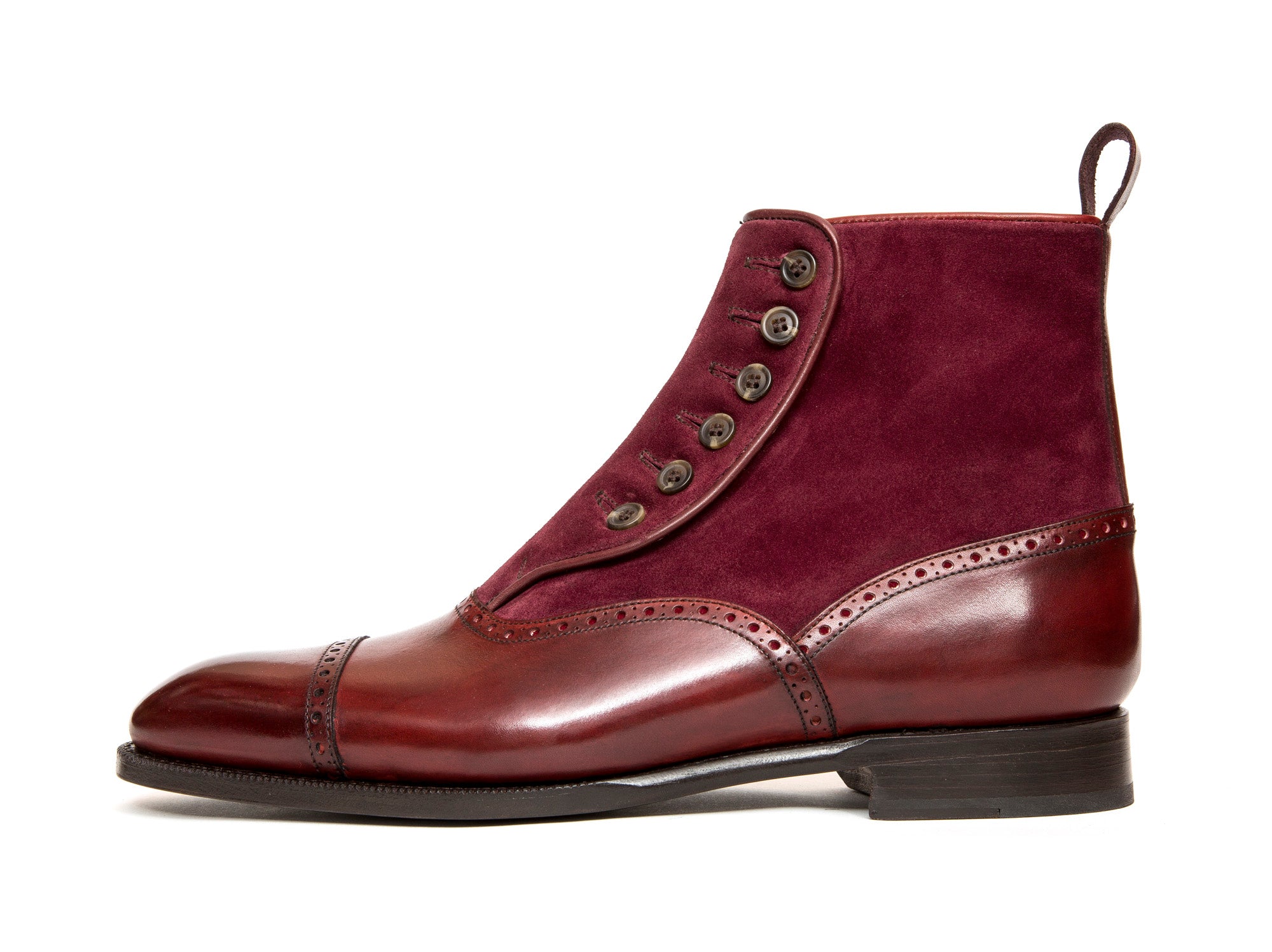 Puyallup - MTO - Burgundy Calf / Burgundy Suede - NGT Last - Single Leather Sole-Made To Order Button Boot Cap Toe Brogue-J.FitzPatrick Footwear