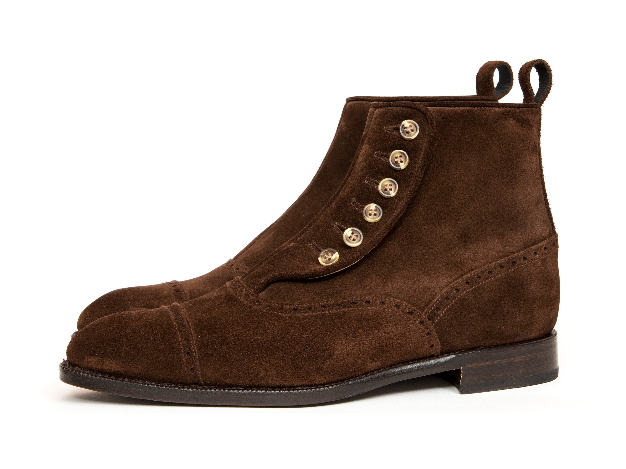 Puyallup - MTO - Dark Brown Suede - NGT Last - Single Leather Sole-Made To Order Button Boot Cap Toe Brogue-J.FitzPatrick Footwear