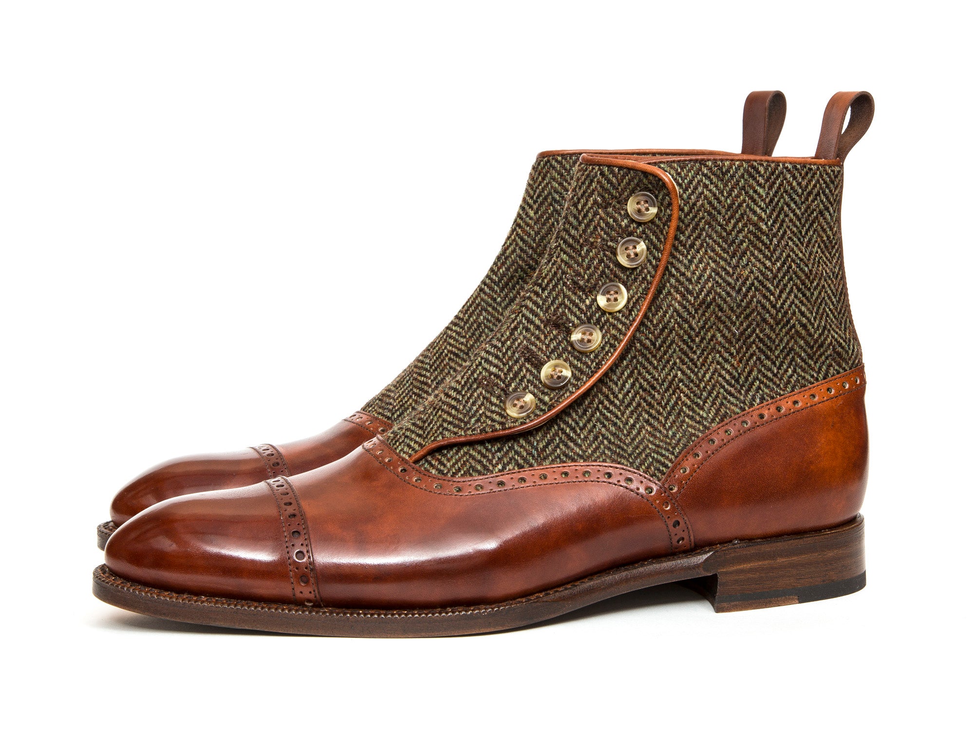 Puyallup - MTO - Gold Museum Calf / Forest Tweed - NGT Last - Single Leather Sole-Made To Order Button Boot Cap Toe Brogue-J.FitzPatrick Footwear