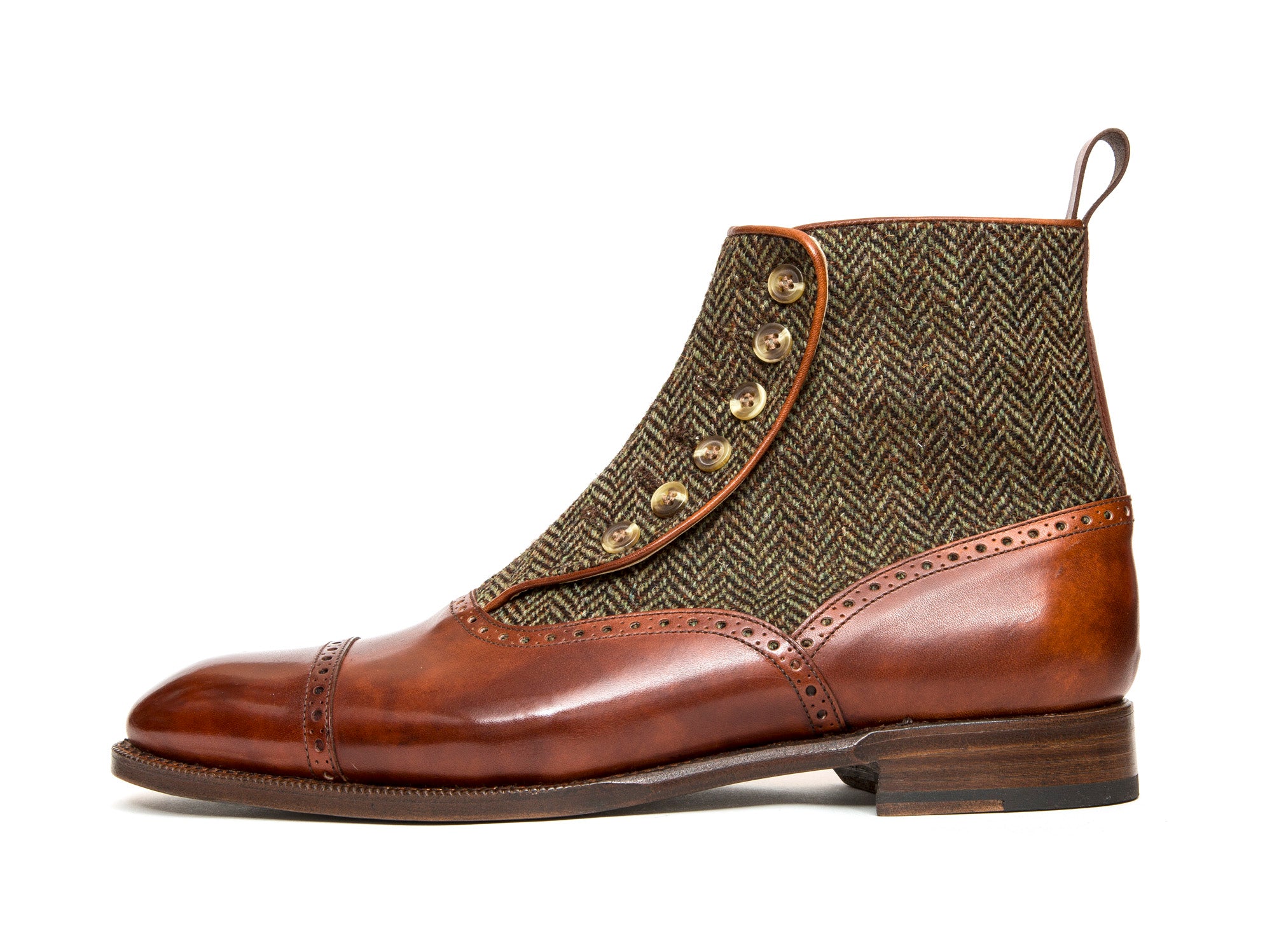 Puyallup - MTO - Gold Museum Calf / Forest Tweed - NGT Last - Single Leather Sole-Made To Order Button Boot Cap Toe Brogue-J.FitzPatrick Footwear