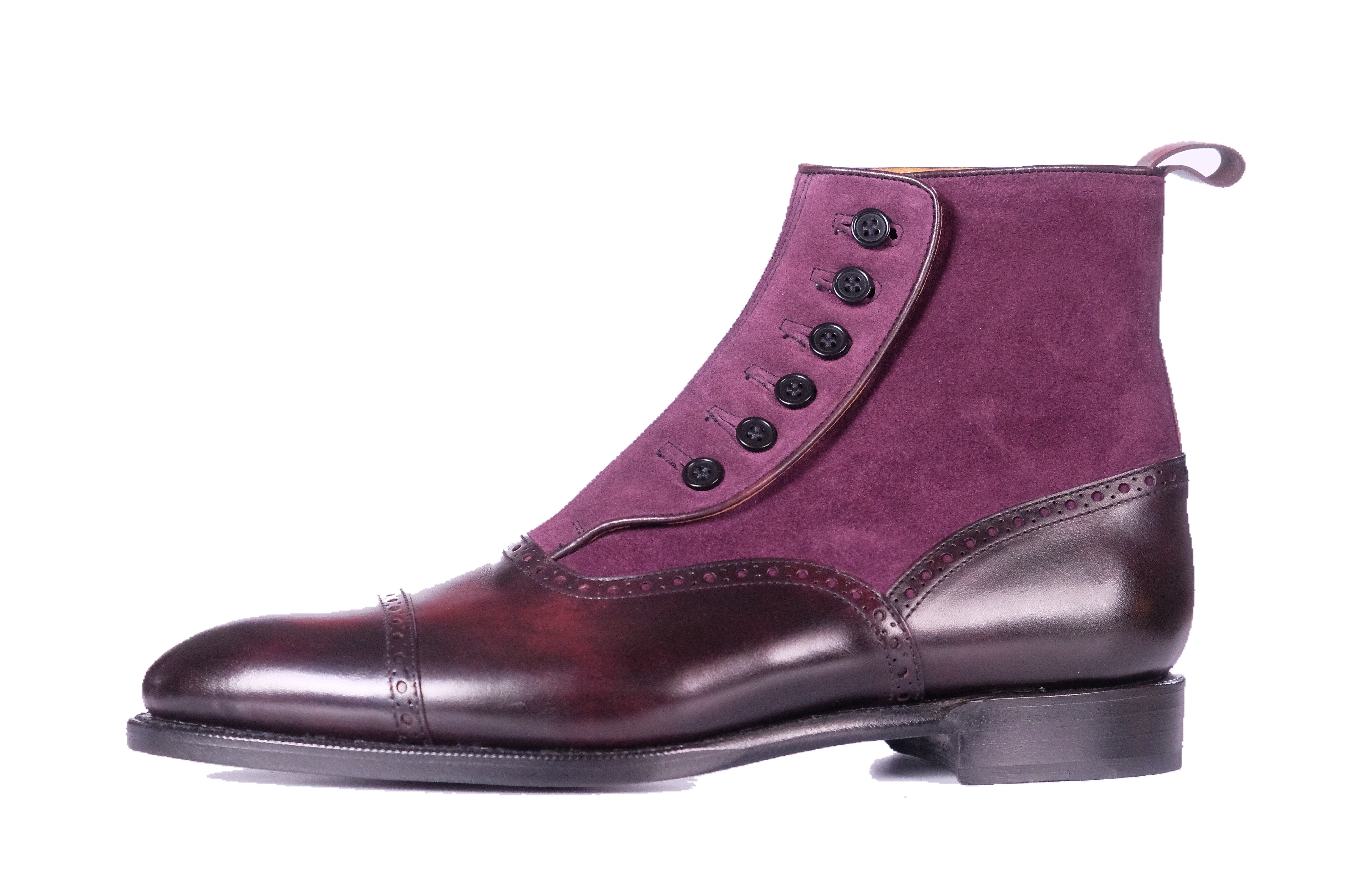 Puyallup - MTO - Plum Museum Calf / Regal Purple Suede - NGT Last - Single Leather Sole-Made To Order Button Boot Cap Toe Brogue-J.FitzPatrick Footwear