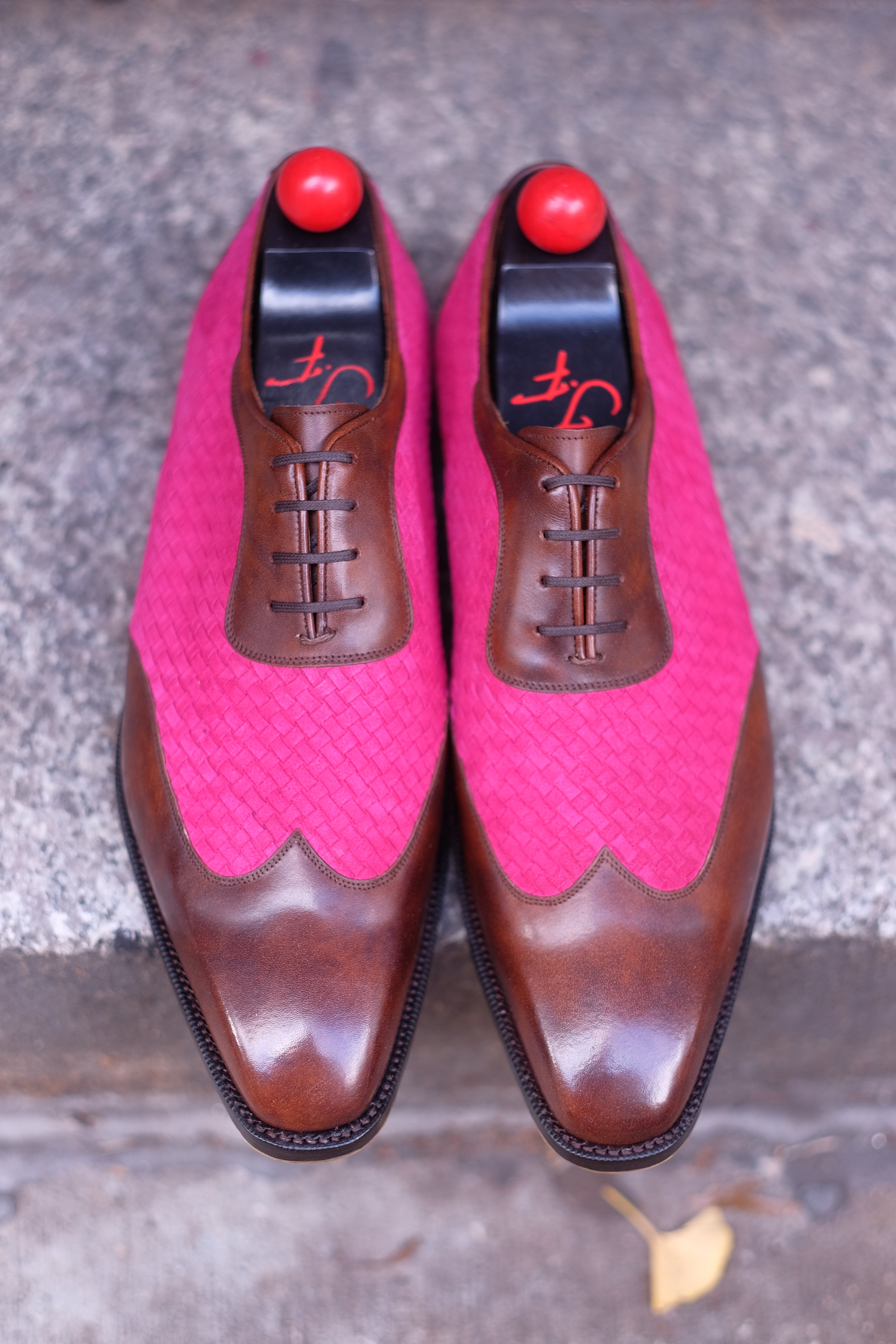 Rainier - MTO - Walnut Museum Calf / Hot Pink Braided Suede - LPB Last - Single Leather Sole-Made To Order Austerity Brogue Adelaide Oxfords-J.FitzPatrick Footwear