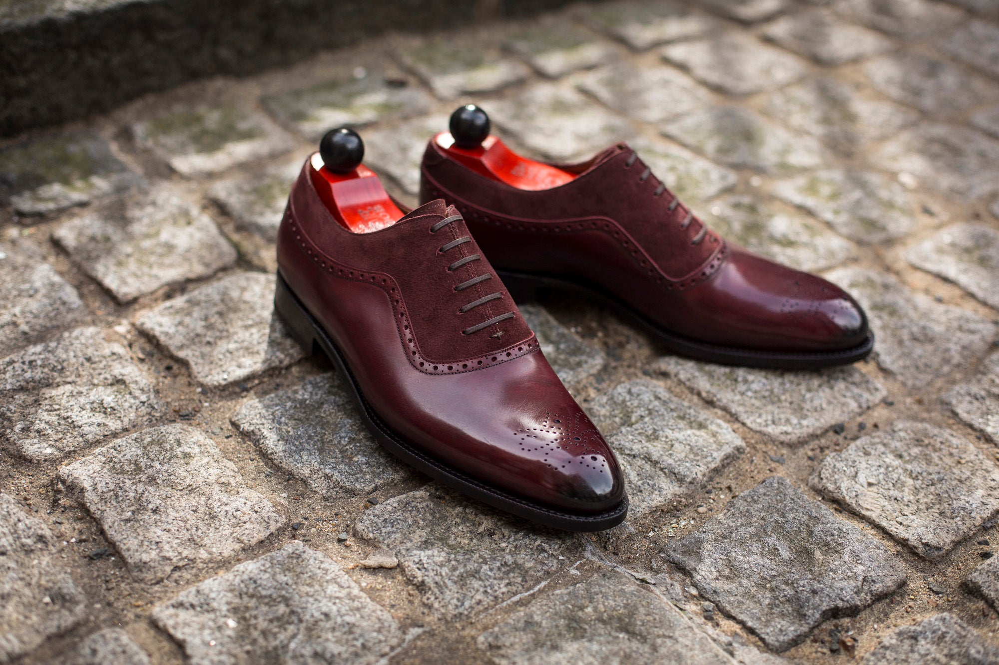 Roosevelt - MTO - Burgundy Calf / Burgundy Suede - NGT Last - Single Leather Sole-Made To Order Medallion Adelaide Brogue Oxfords-J.FitzPatrick Footwear