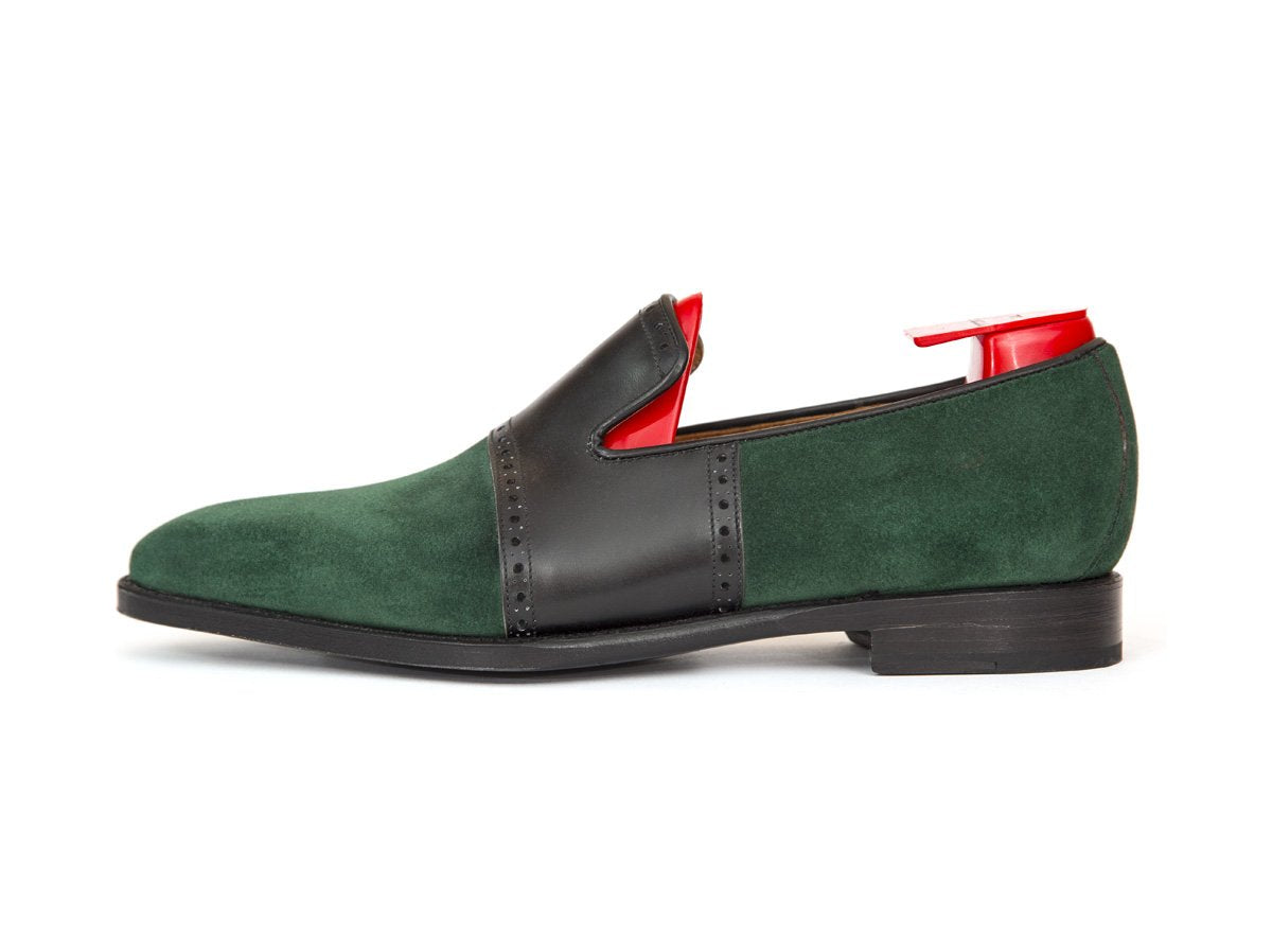 Shoreline - MTO - Bottle Green Suede / Black Calf - MGF Last - Single Leather Sole-Made To Order Slipper Loafer Brogue-J.FitzPatrick Footwear