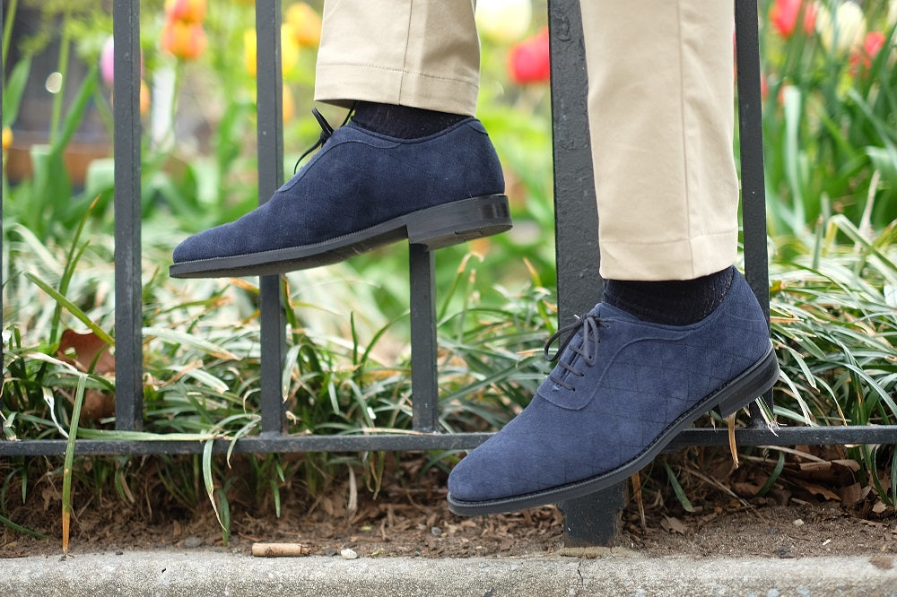 Spokane - MTO - Quilted Navy Suede - TMG Last - City Rubber Sole-Made To Order Quilted Adelaide Oxfords-J.FitzPatrick Footwear
