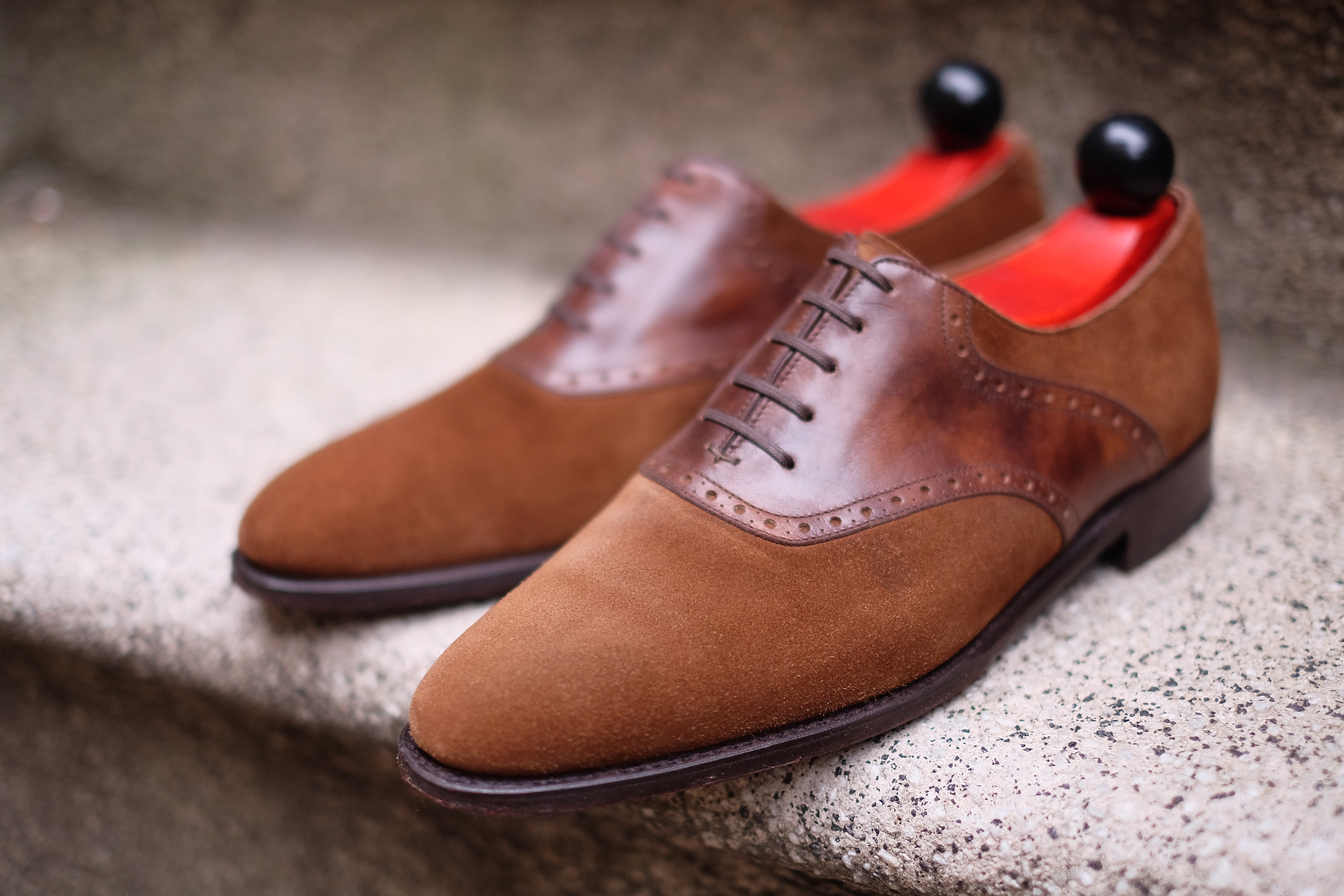 Stefano Redux - MTO - Snuff Suede / Copper Museum Calf - TMG Last - Single Leather Sole-Made To Order Saddle Shoe Spectator Oxfords-J.FitzPatrick Footwear