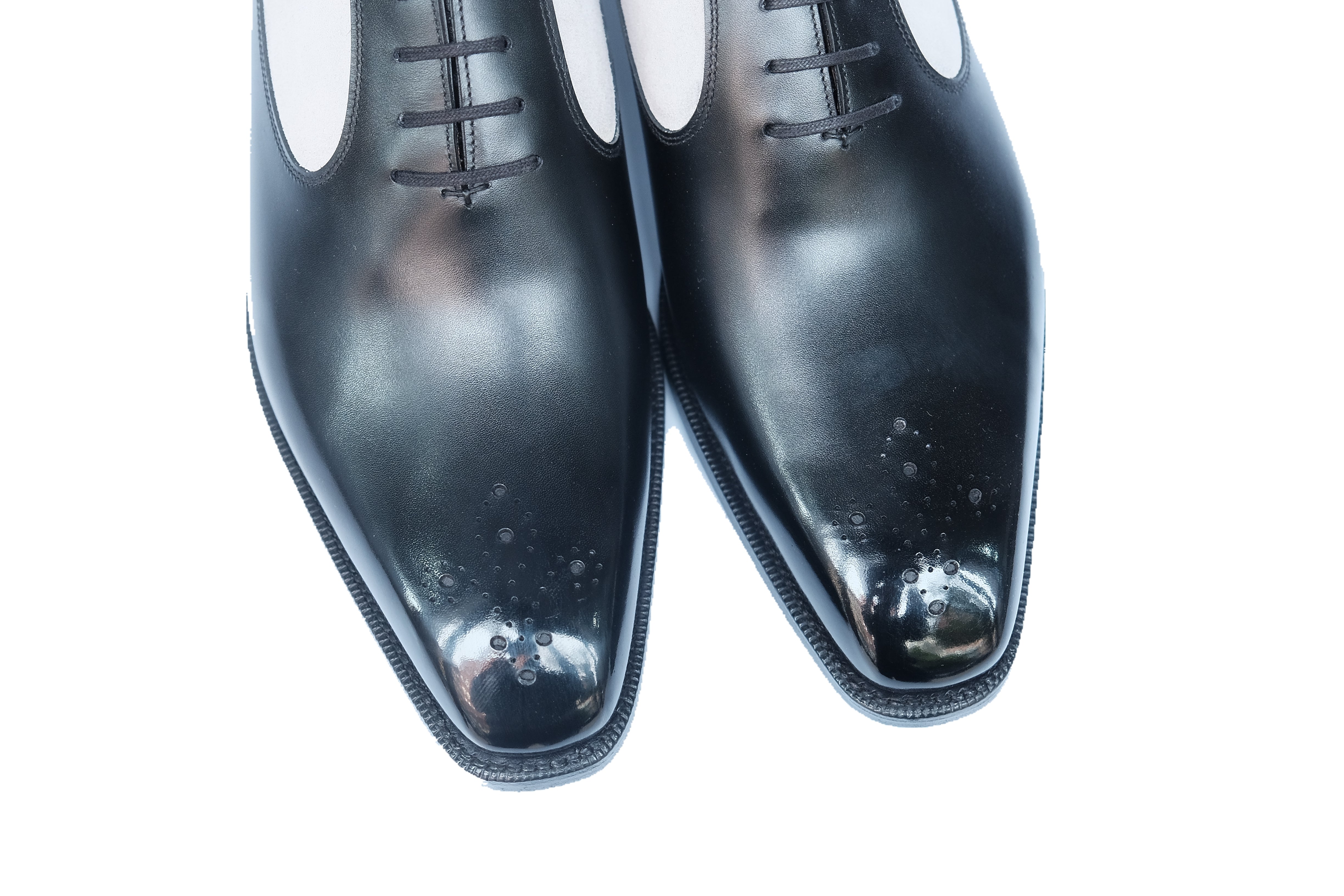 Tacoma - MTO - Black Calf / Pearl Grey Suede - Fleur De Lys Medallion - MGF Last - Single Leather Sole-Made To Order Medallion Swan Neck Oxfords-J.FitzPatrick Footwear