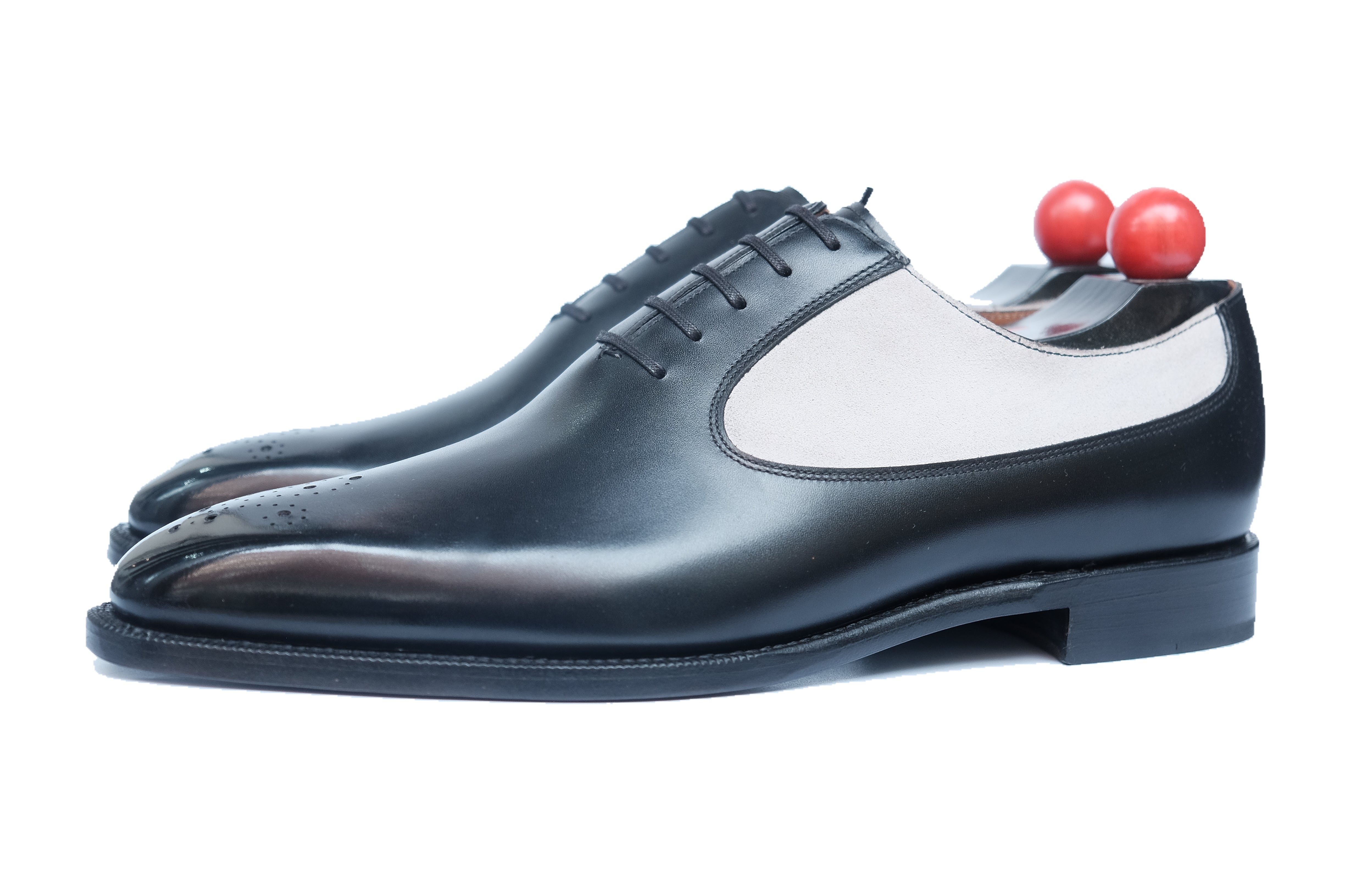 Tacoma - MTO - Black Calf / Pearl Grey Suede - Fleur De Lys Medallion - MGF Last - Single Leather Sole-Made To Order Medallion Swan Neck Oxfords-J.FitzPatrick Footwear