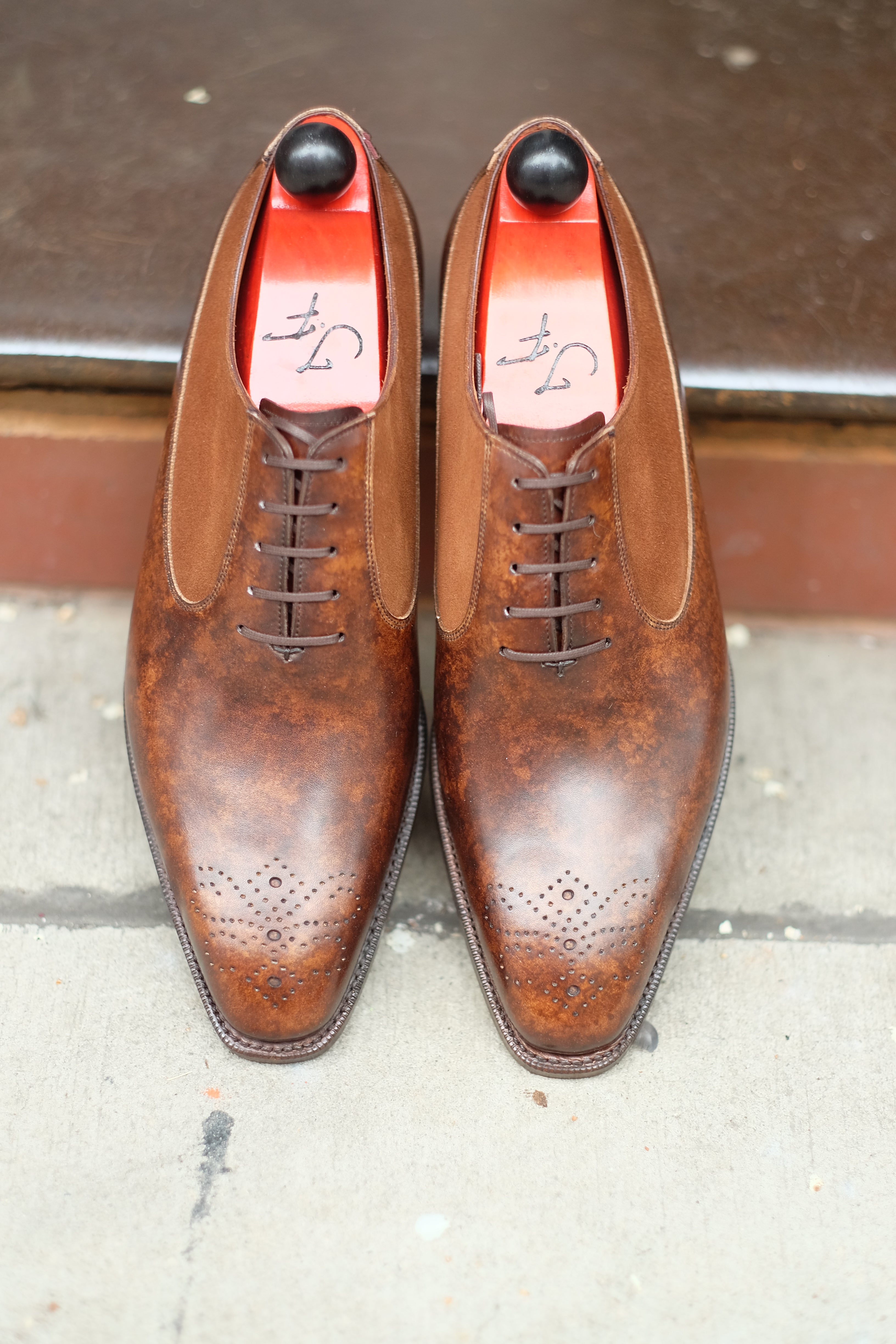 Tacoma - MTO - Copper Marble Patina / Snuff Suede - Papillon Medallion - LPB Last - Single Leather Sole-Made To Order Medallion Swan Neck Oxfords-J.FitzPatrick Footwear