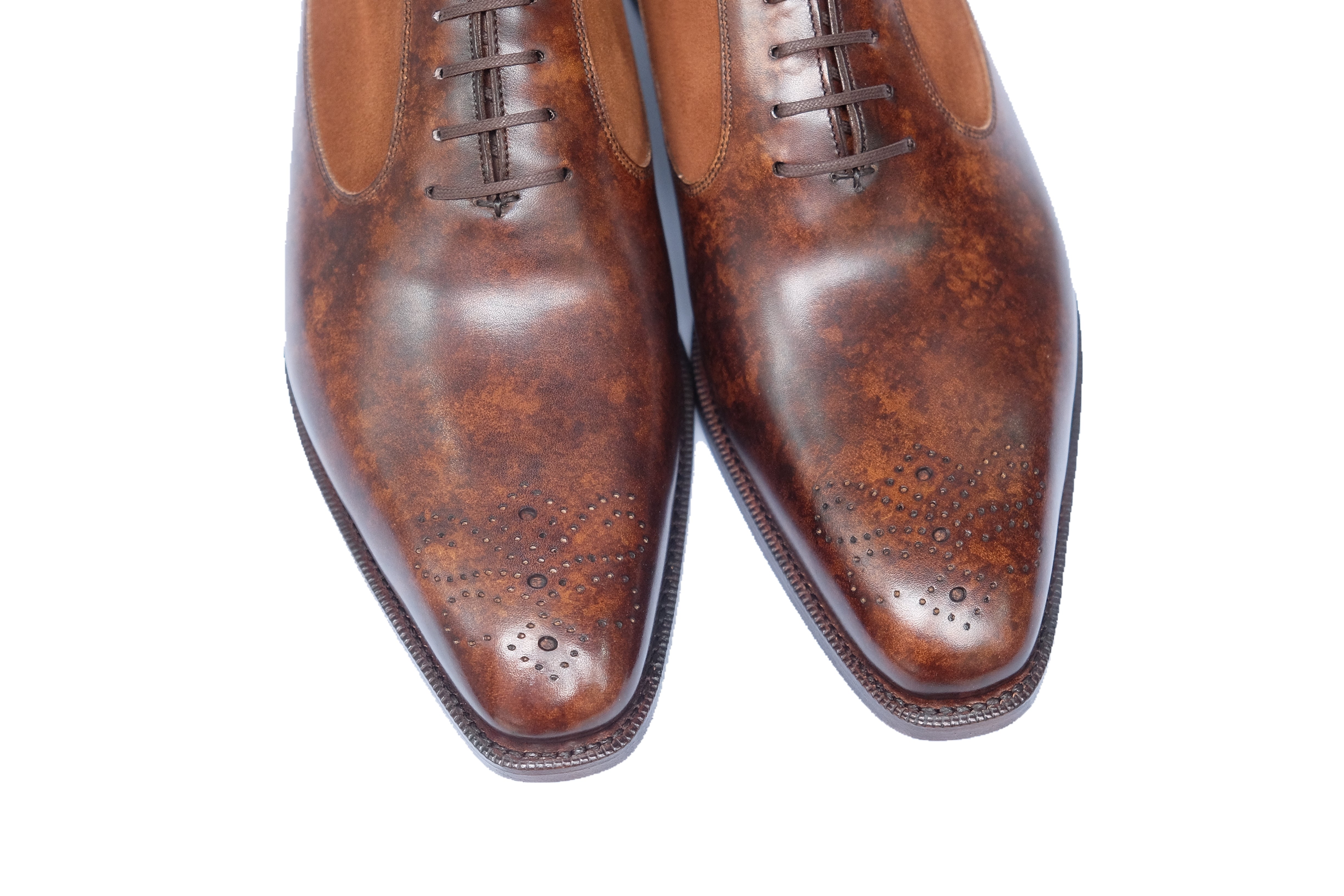 Tacoma - MTO - Copper Marble Patina / Snuff Suede - Papillon Medallion - LPB Last - Single Leather Sole-Made To Order Medallion Swan Neck Oxfords-J.FitzPatrick Footwear