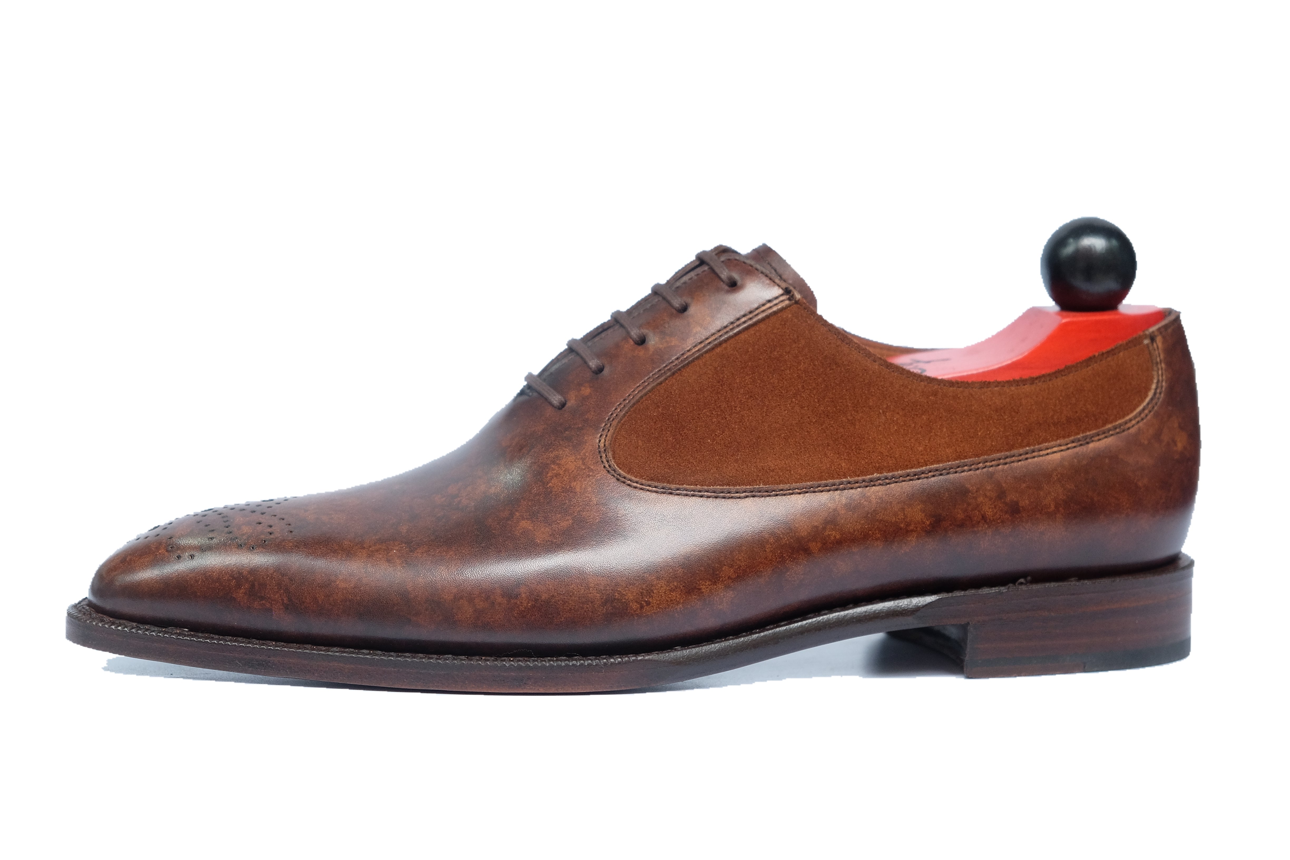 Tacoma - MTO - Copper Marble Patina / Snuff Suede - Papillon Medallion - LPB Last - Single Leather Sole-Made To Order Medallion Swan Neck Oxfords-J.FitzPatrick Footwear