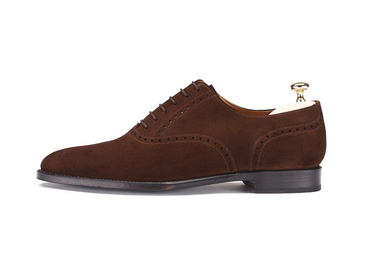 Wallingford - MTO - Dark Brown Suede Suede - TMG Last - Single Leather Sole-Made To Order Medallion Brogue Oxfords-J.FitzPatrick Footwear