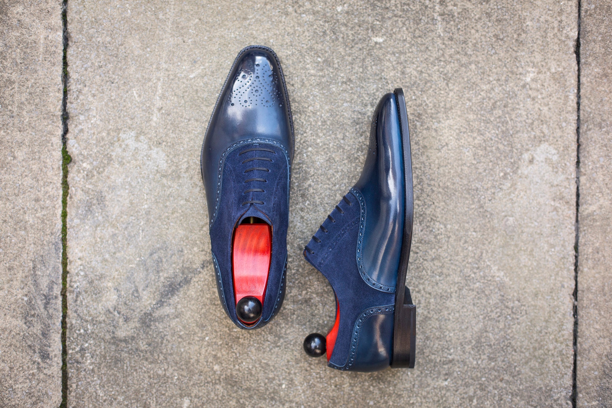 Wallingford - MTO - Shaded Navy Calf / Navy Suede - LPB Last - Single Leather Sole-Made To Order Medallion Brogue Oxfords-J.FitzPatrick Footwear