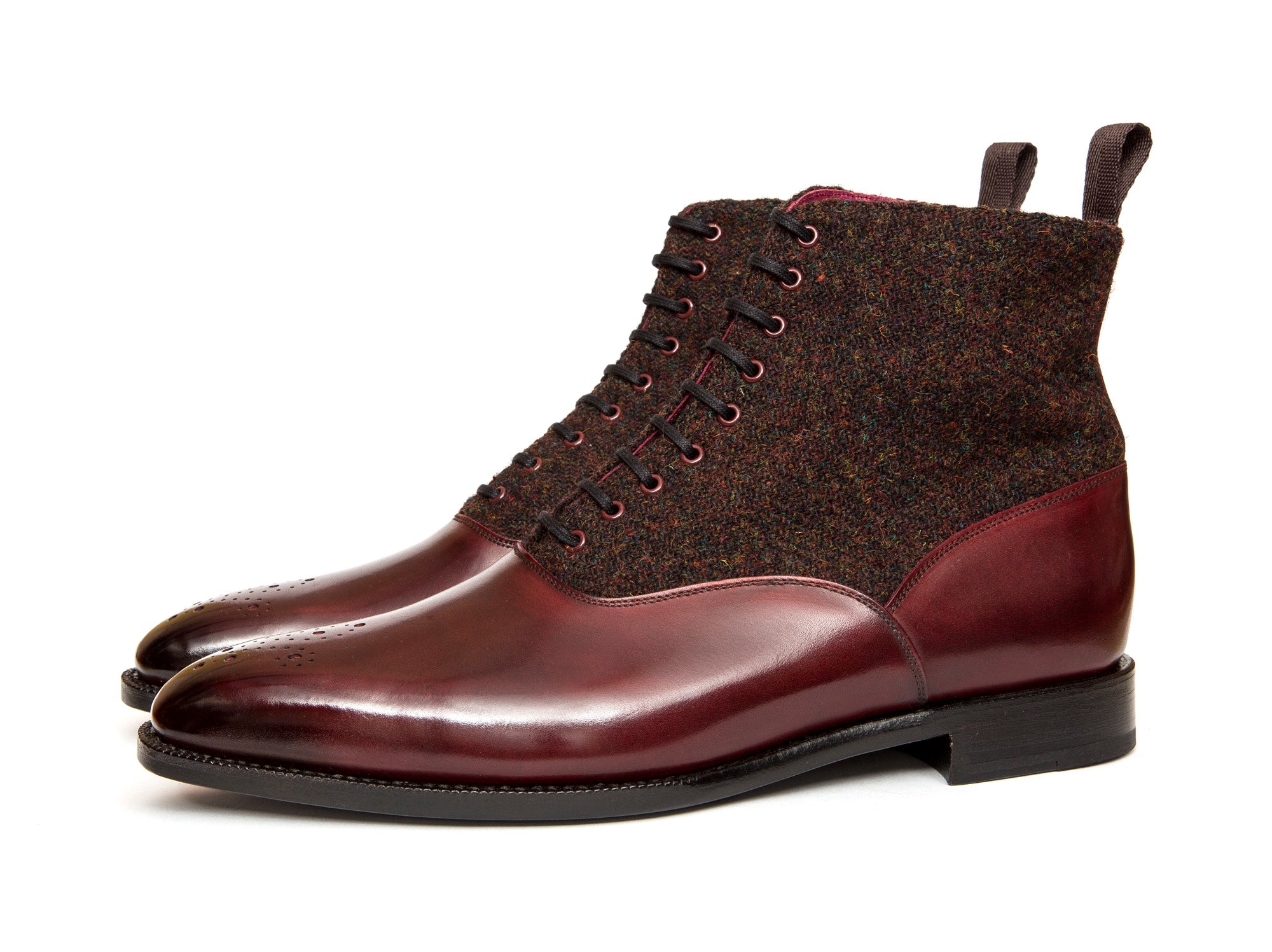 Wedgwood - MTO - Burgundy Calf / Burgundy Medley Tweed - MGF Last - Single Leather Sole-Made To Order Lace Laceup Balmoral Boot-J.FitzPatrick Footwear
