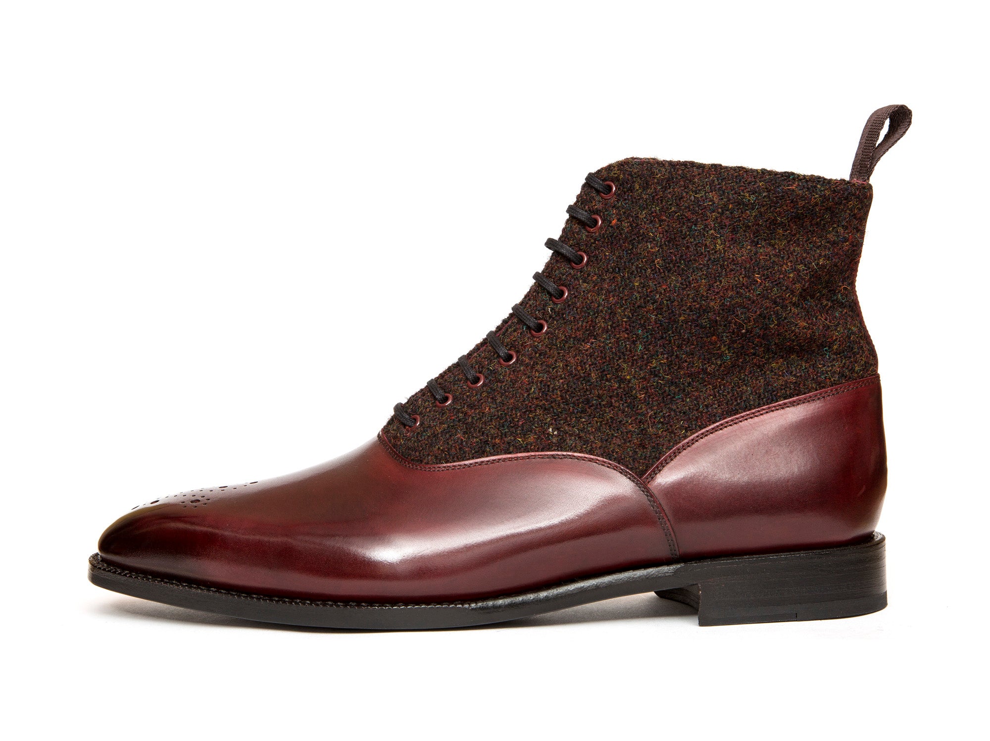 Wedgwood - MTO - Burgundy Calf / Burgundy Medley Tweed - MGF Last - Single Leather Sole-Made To Order Lace Laceup Balmoral Boot-J.FitzPatrick Footwear